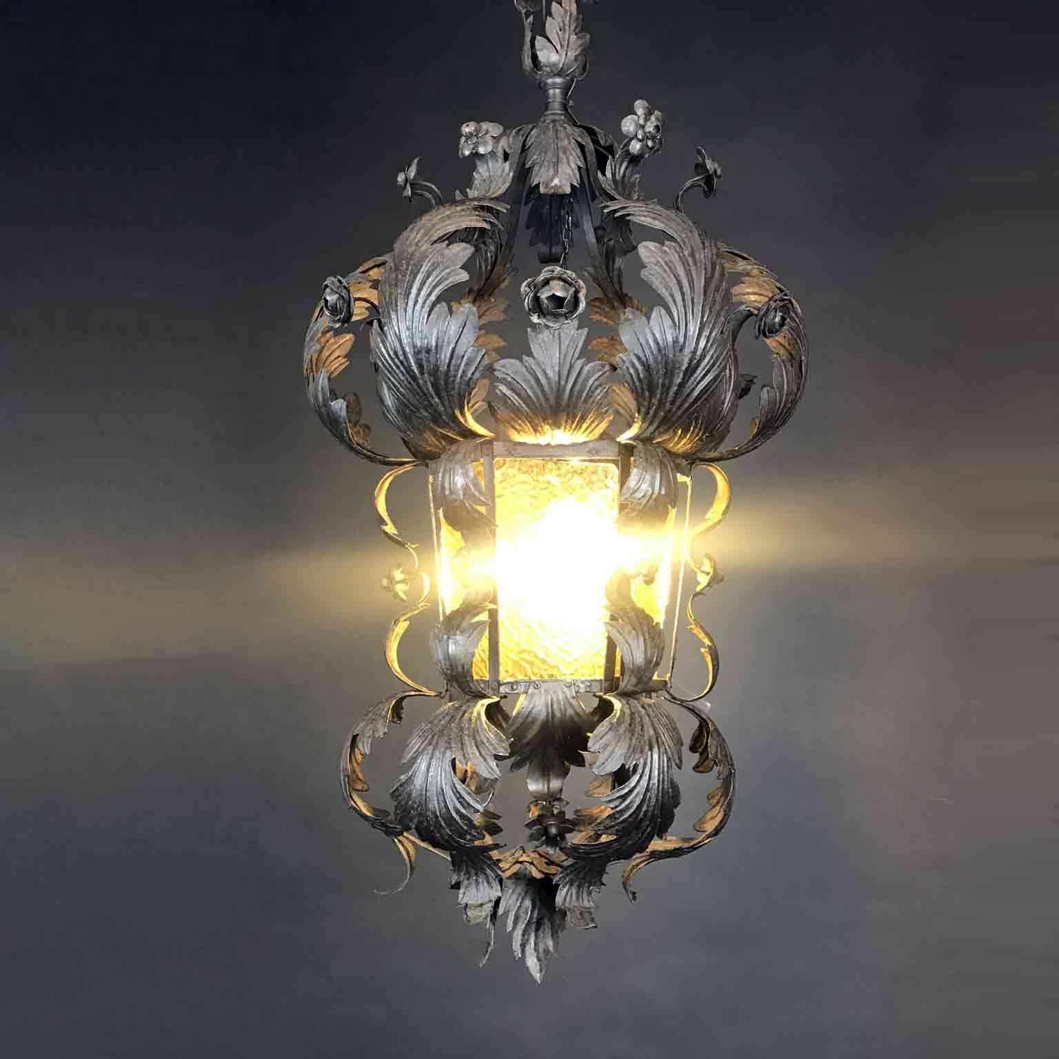 20th Century Art Nouveau Italian Wrought Iron Lantern Hall Foliate Chandelier 14