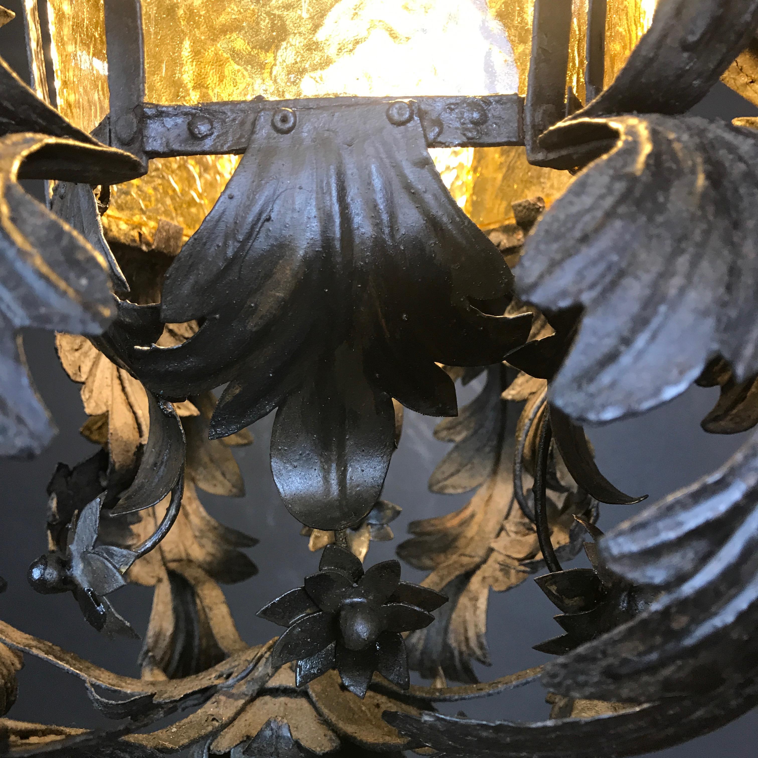 20th Century Art Nouveau Italian Wrought Iron Lantern Hall Foliate Chandelier 6
