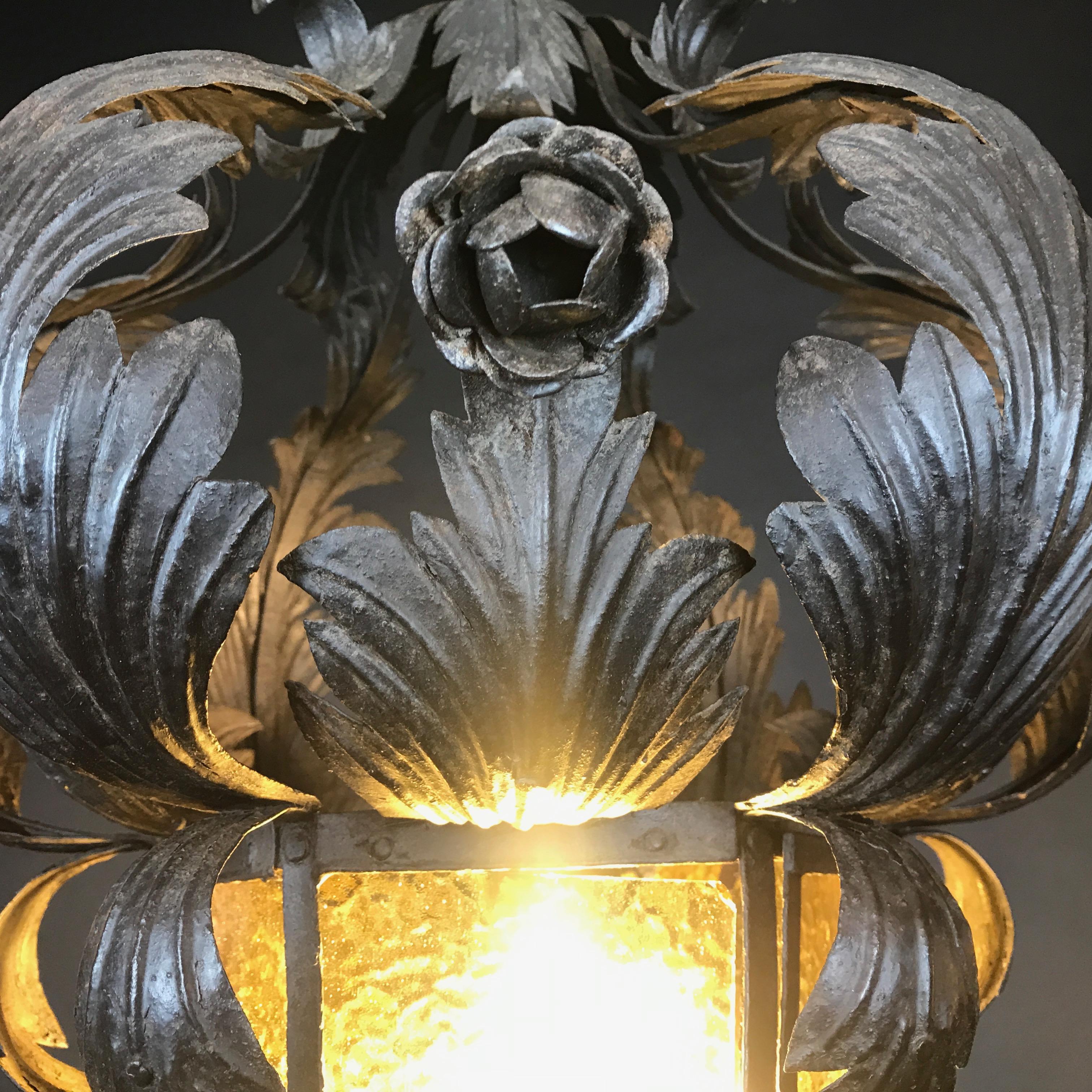 20th Century Art Nouveau Italian Wrought Iron Lantern Hall Foliate Chandelier 8
