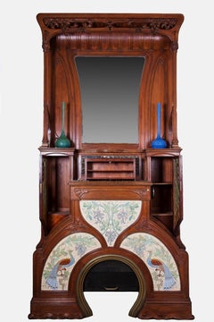 20th Century Art Nouveau Oak Signed A. Ruiz Barcelona Fireplace