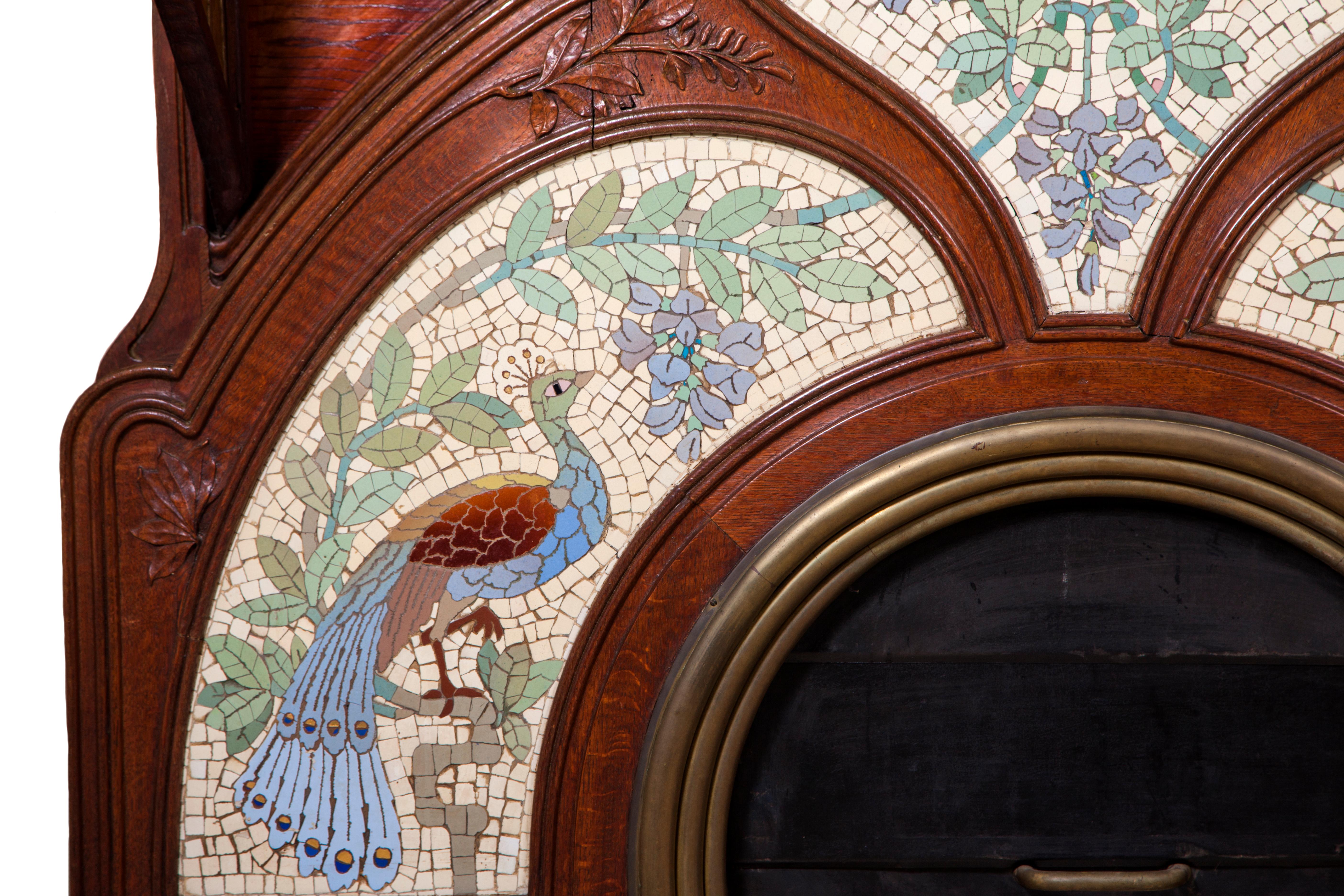 Mosaic 20th Century Art Nouveau Oak Signed A. Ruiz Barcelona Fireplace For Sale