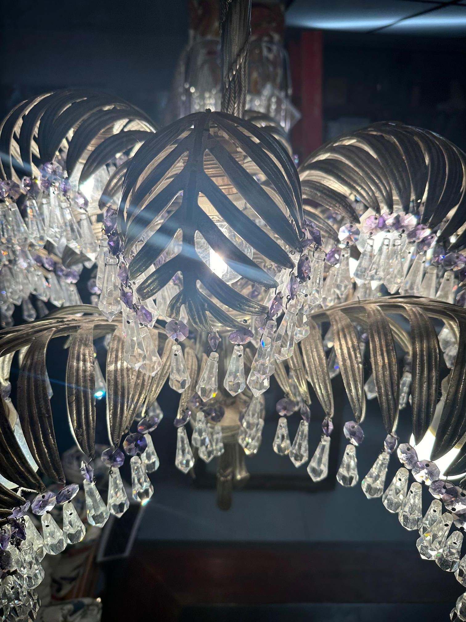20th century Art nouveau Period Silver Bronze and Crystal Palms Chandeliers  For Sale 6