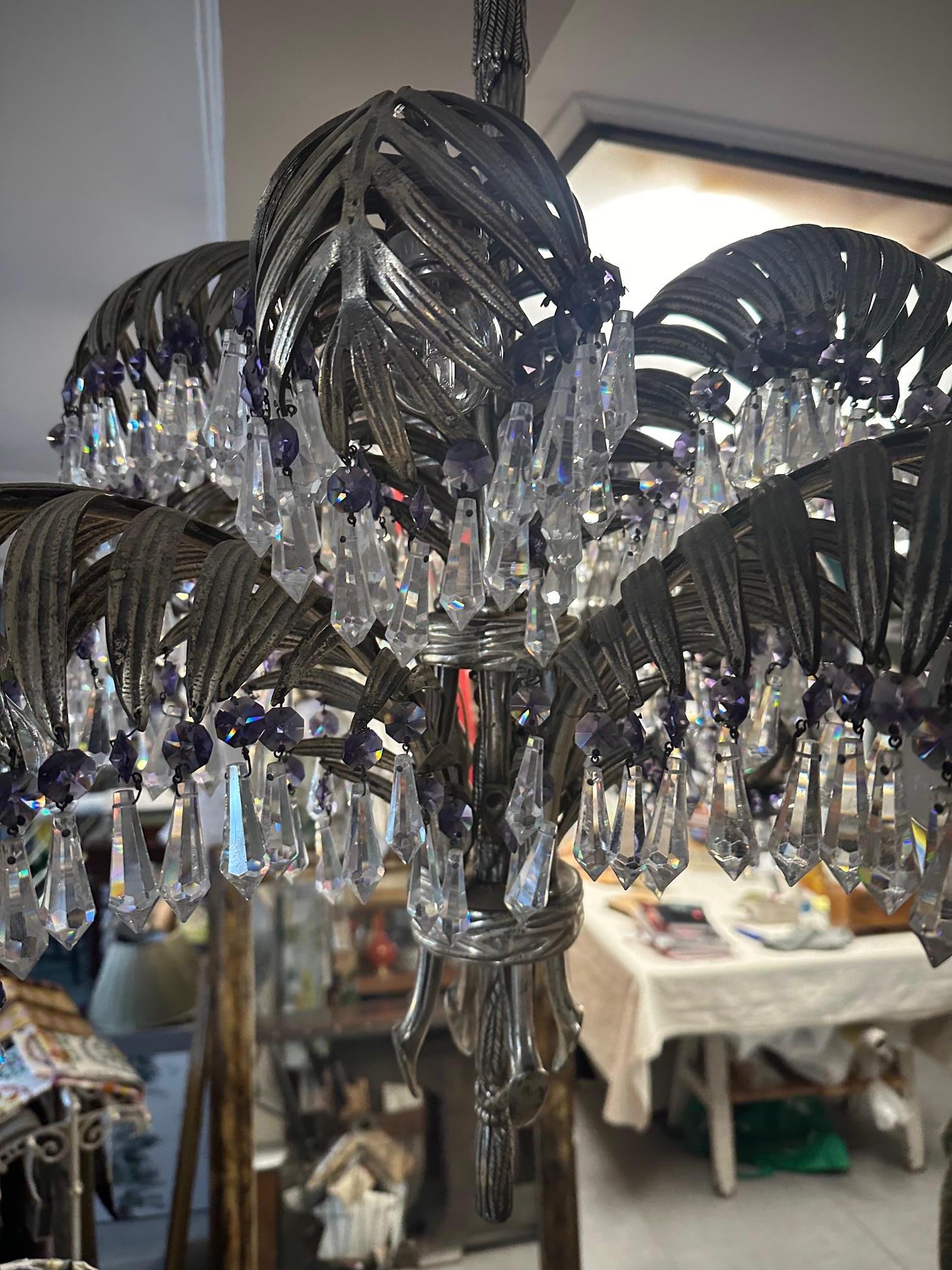 20th century Art nouveau Period Silver Bronze and Crystal Palms Chandeliers  For Sale 9