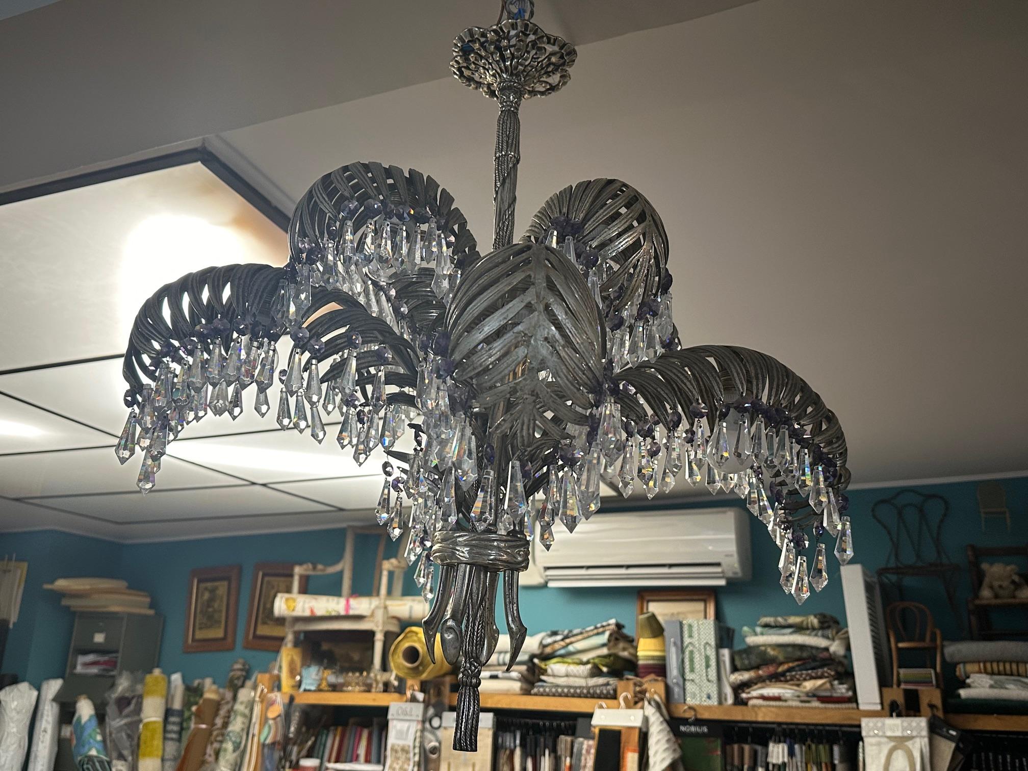 20th century Art nouveau Period Silver Bronze and Crystal Palms Chandeliers  For Sale 10