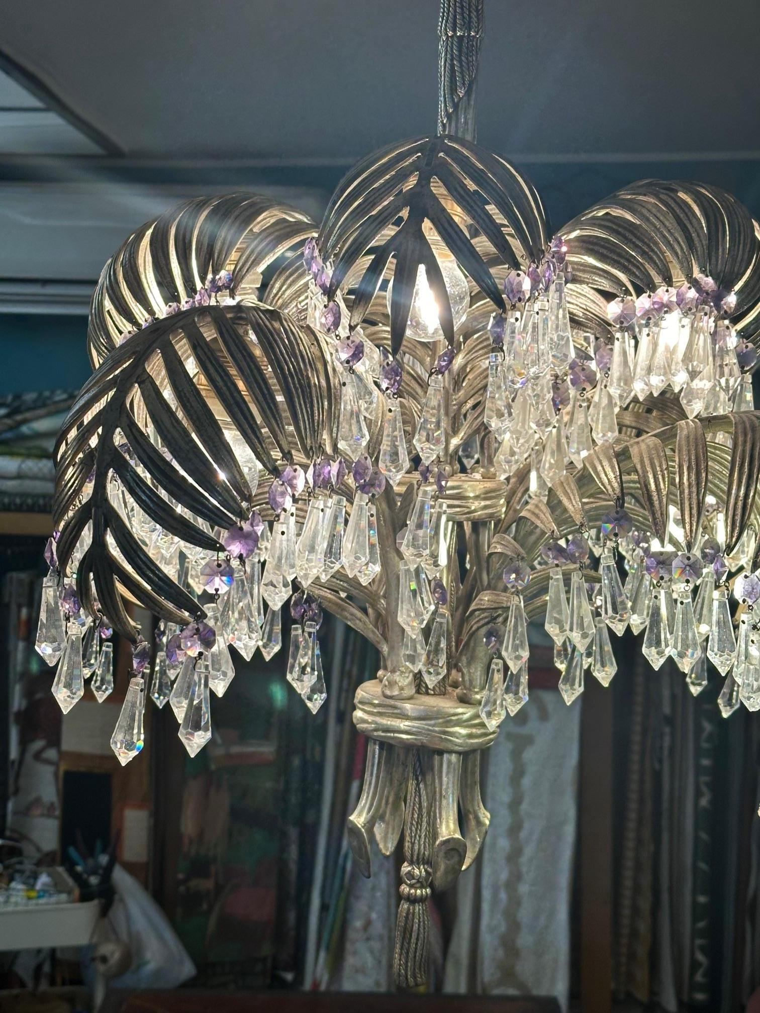 Art Nouveau 20th century Art nouveau Period Silver Bronze and Crystal Palms Chandeliers  For Sale
