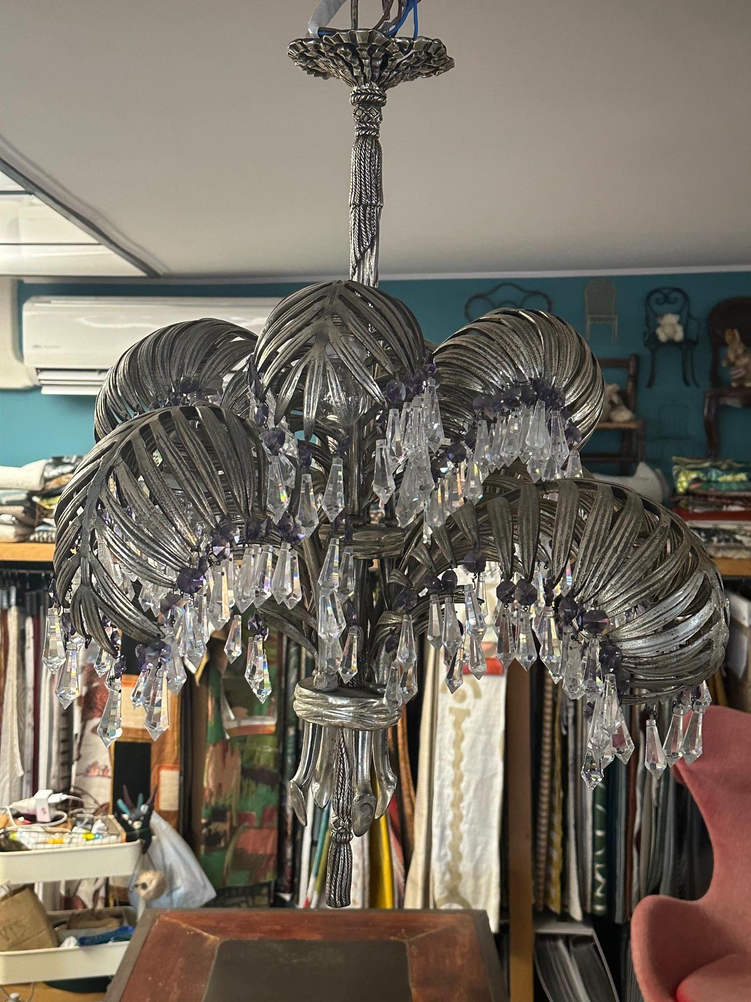 20th century Art nouveau Period Silver Bronze and Crystal Palms Chandeliers  In Good Condition For Sale In LEGNY, FR