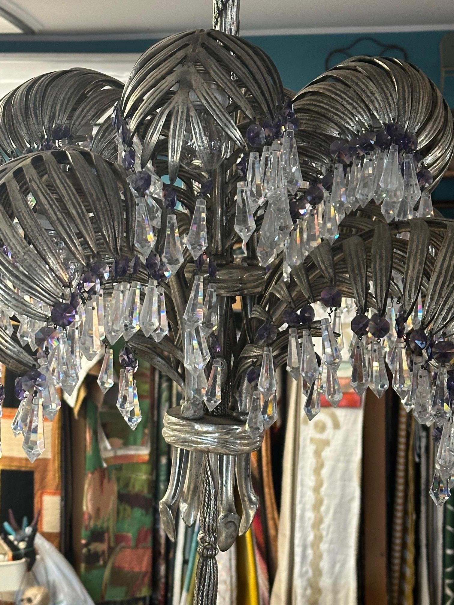 Early 20th Century 20th century Art nouveau Period Silver Bronze and Crystal Palms Chandeliers  For Sale