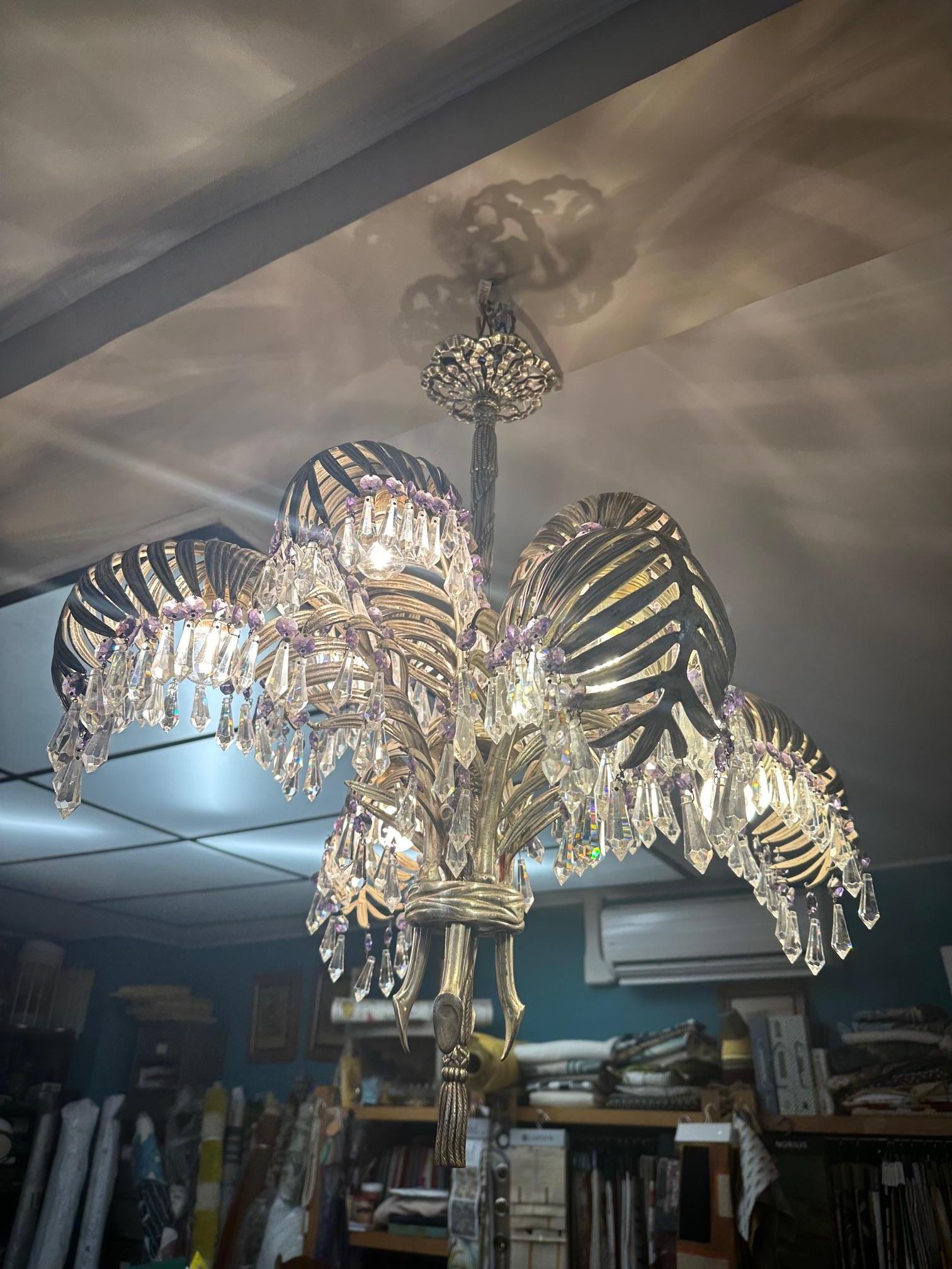 20th century Art nouveau Period Silver Bronze and Crystal Palms Chandeliers  For Sale 1