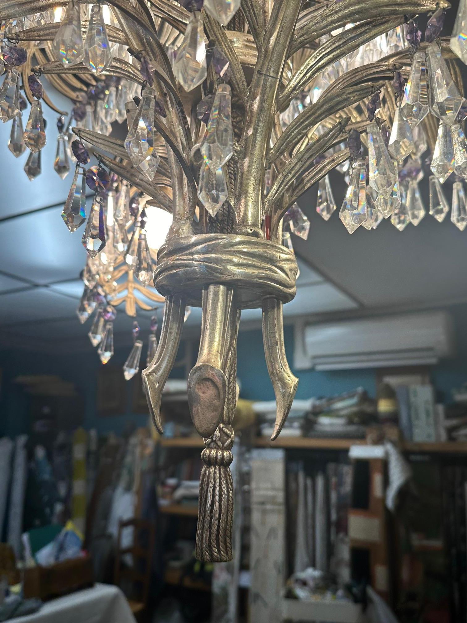 20th century Art nouveau Period Silver Bronze and Crystal Palms Chandeliers  For Sale 2