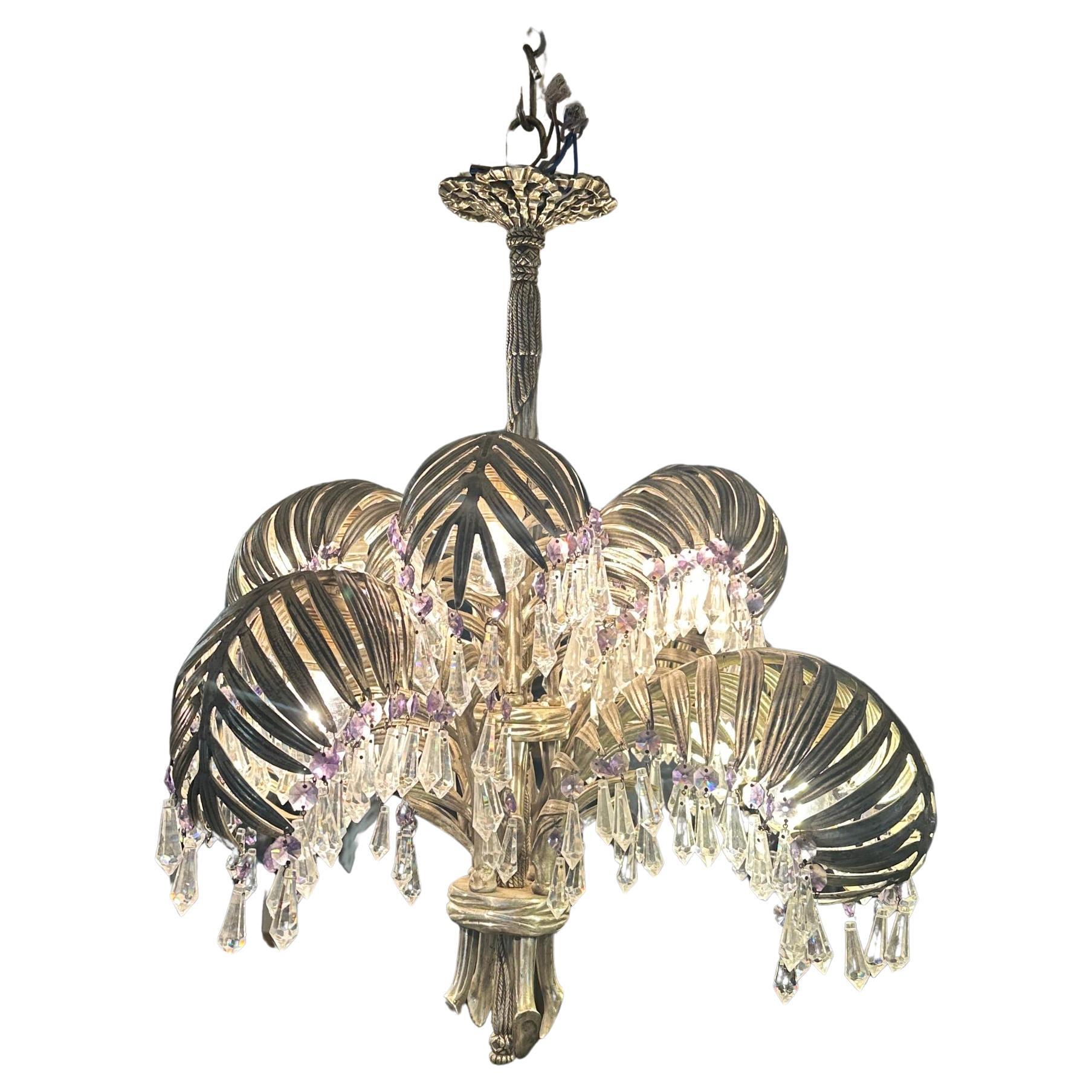 20th century Art nouveau Period Silver Bronze and Crystal Palms Chandeliers  For Sale