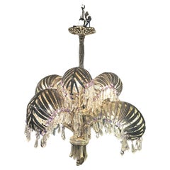 20th century Art nouveau Period Silver Bronze and Crystal Palms Chandeliers 