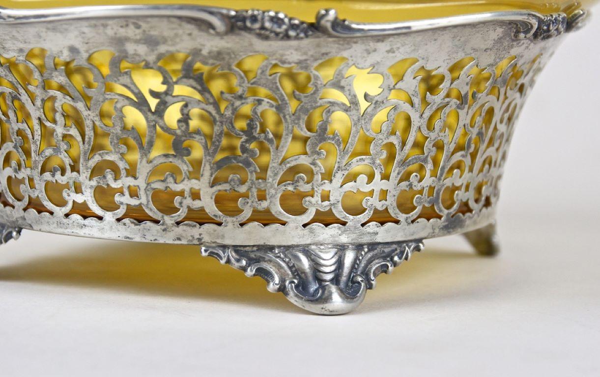 Austrian 20th Century Art Nouveau Silver Basket With Ambercolored Glass Bowl, AT ca. 1900 For Sale