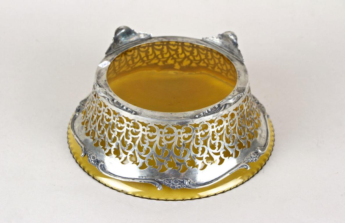 Panier en argent Art Nouveau du 20ème siècle avec bol en verre ambré, vers 1900 en vente 1