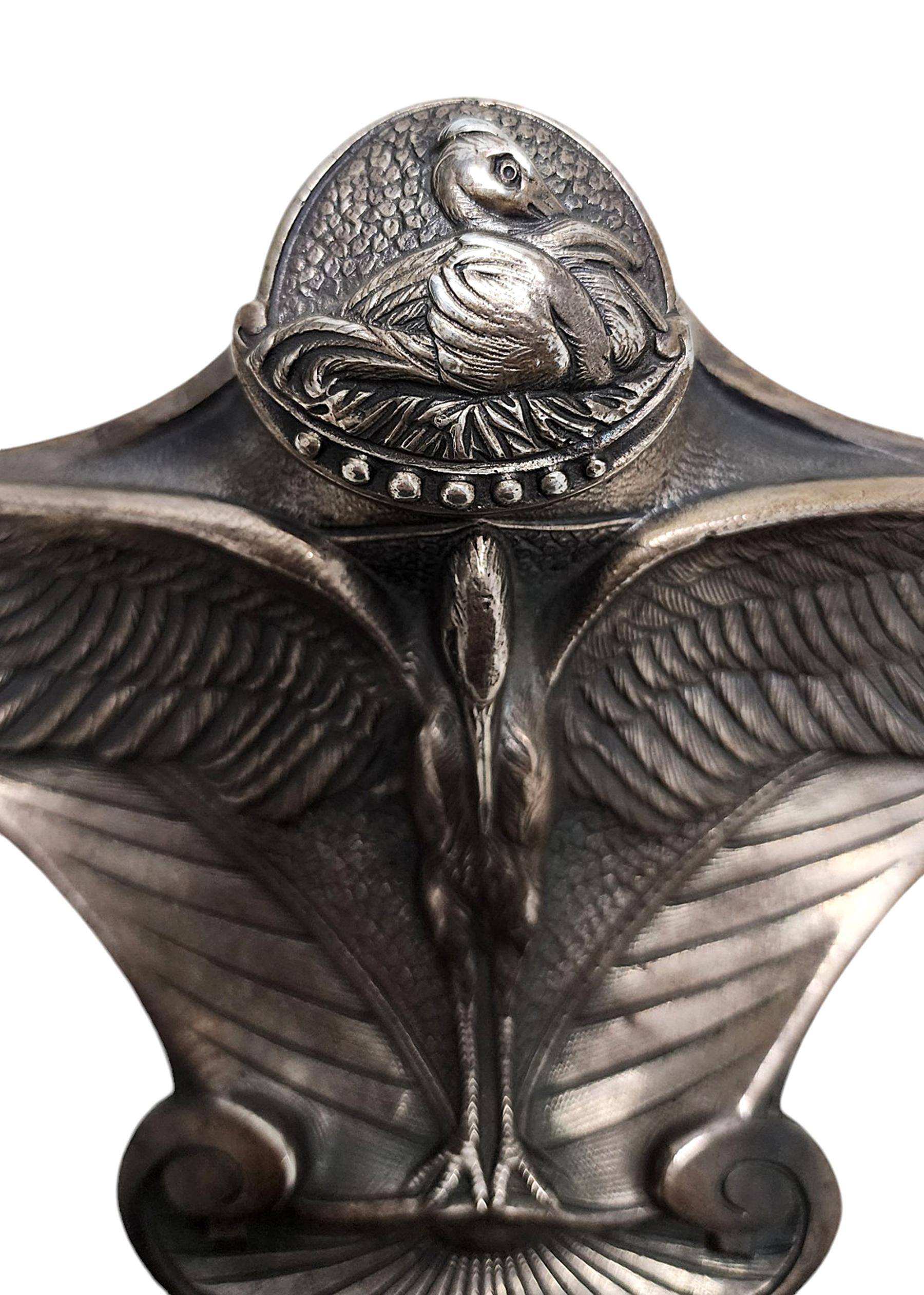 French 20th Century Art Nouveau Silvered Bronze Stork Inkwell by Albert Cheuret, France