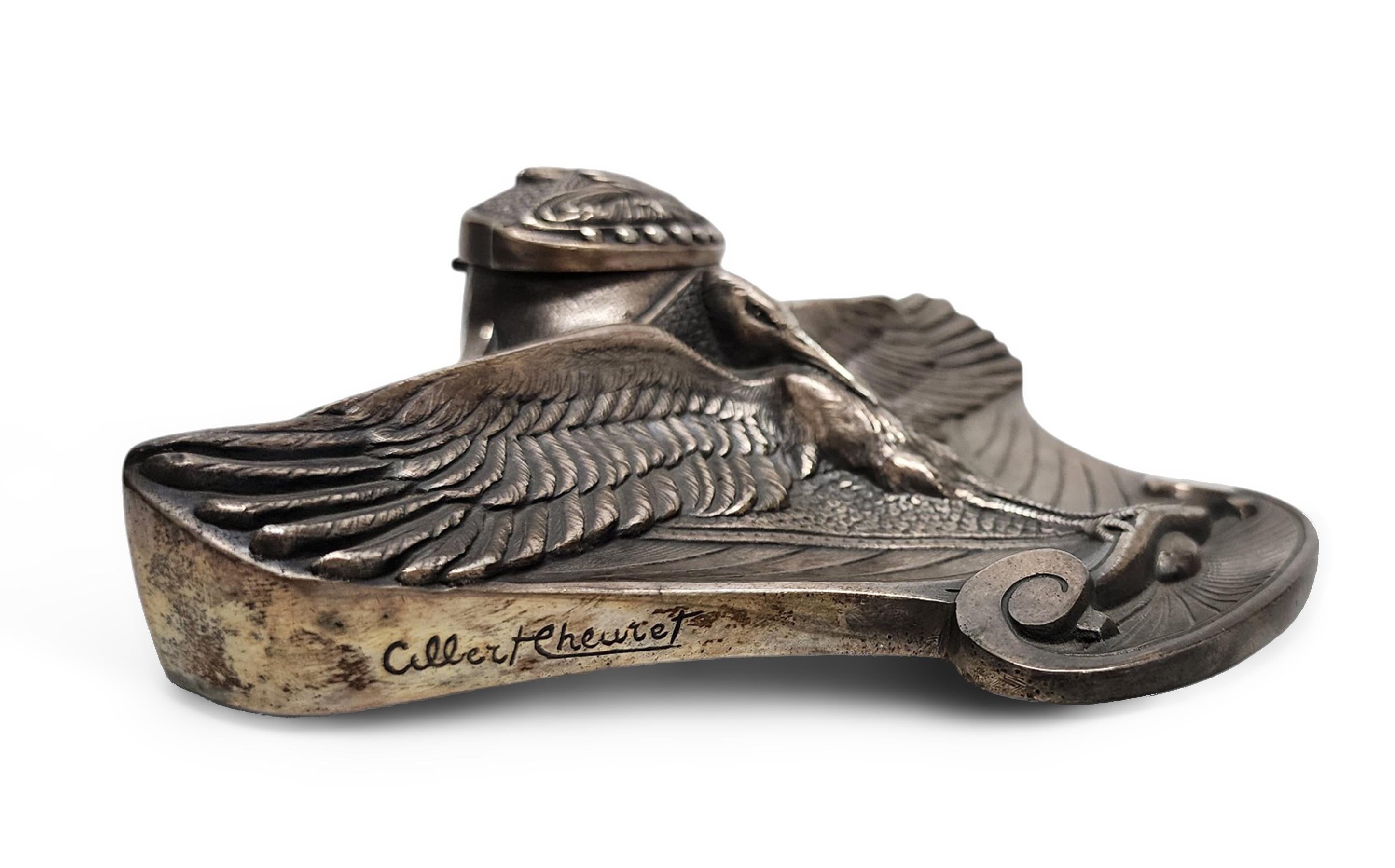 Cast 20th Century Art Nouveau Silvered Bronze Stork Inkwell by Albert Cheuret, France
