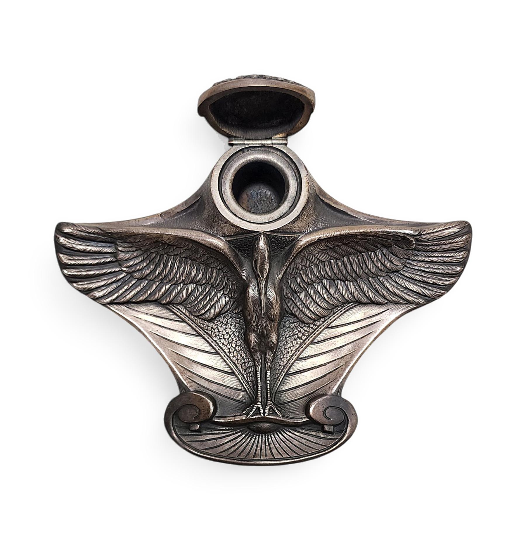 20th Century Art Nouveau Silvered Bronze Stork Inkwell by Albert Cheuret, France In Good Condition In North Miami, FL