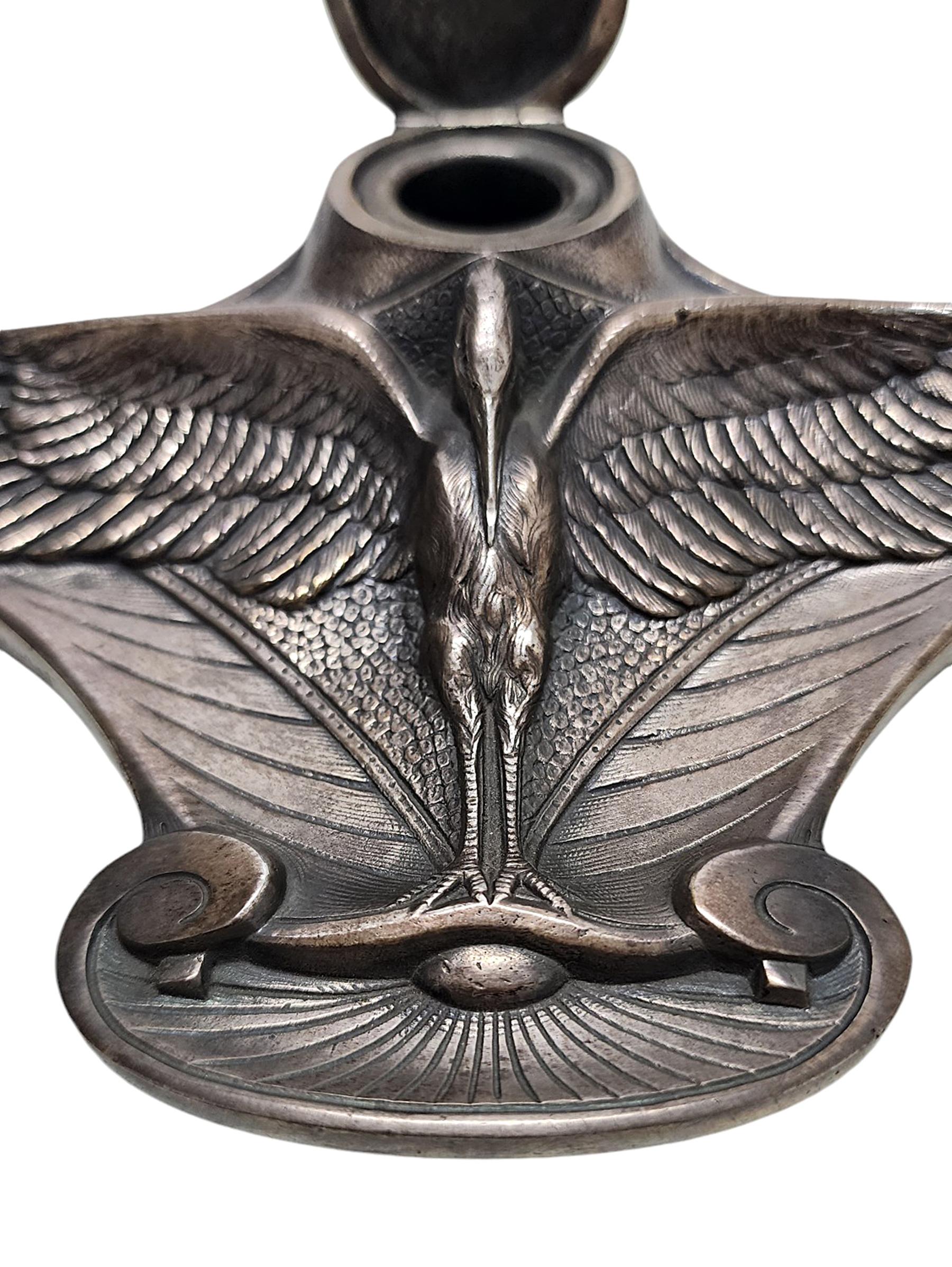 Metal 20th Century Art Nouveau Silvered Bronze Stork Inkwell by Albert Cheuret, France