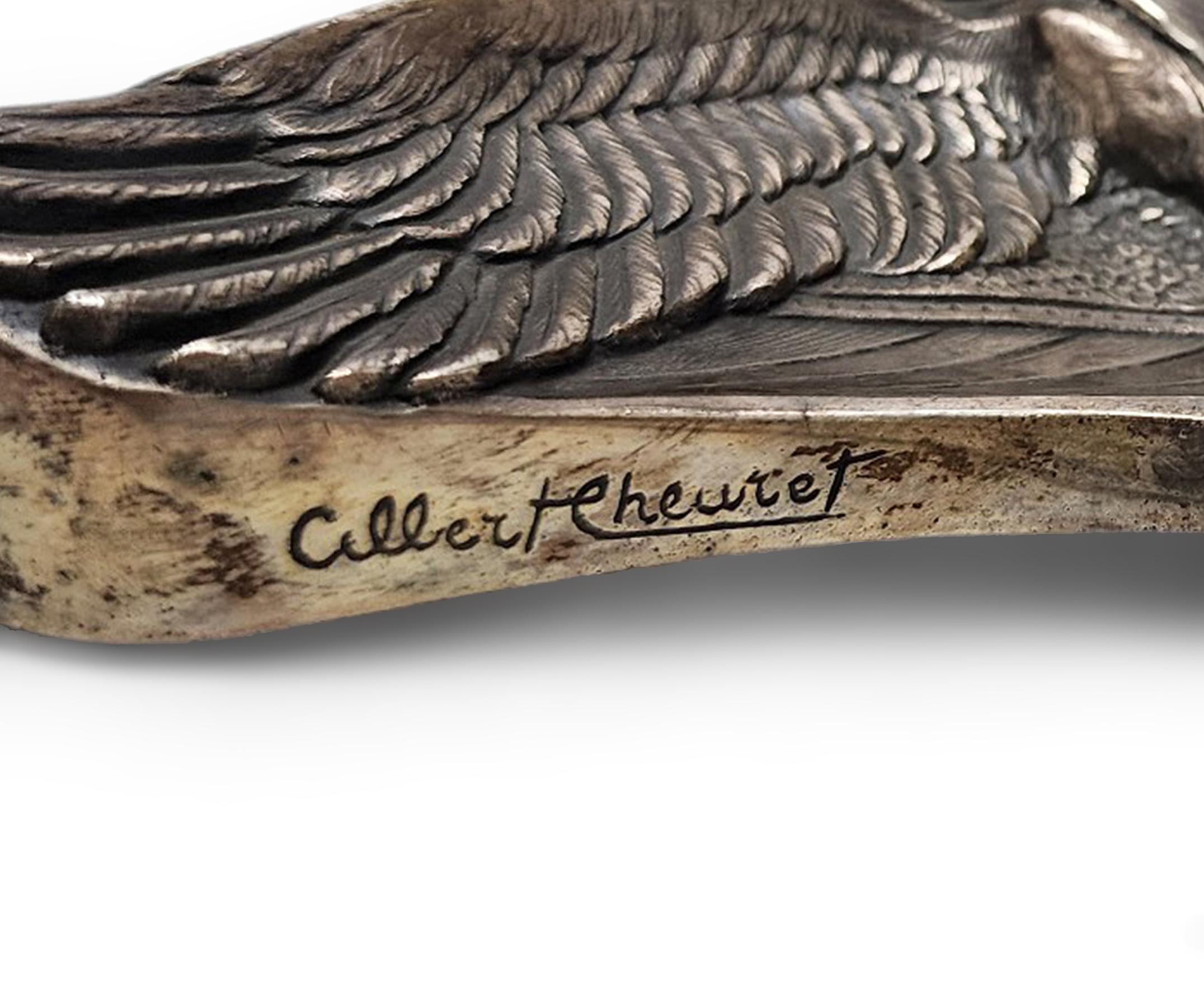 20th Century Art Nouveau Silvered Bronze Stork Inkwell by Albert Cheuret, France 3