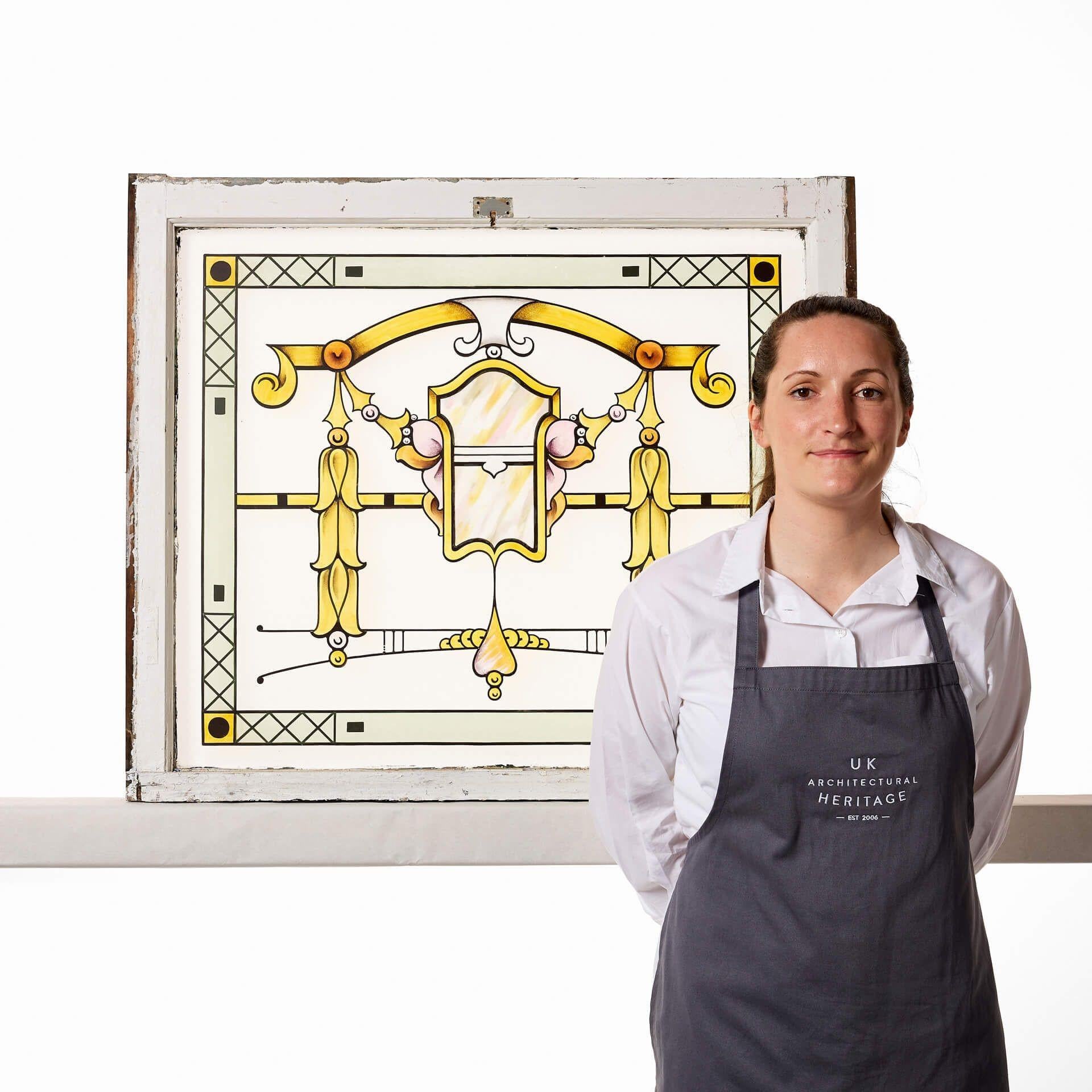 An early 20th century stained glass window, beautifully etched with Art Nouveau style details.
 
This is just one of ten similar windows we have for sale. While it will look stunning on its own as a feature window, it could be paired with one or
