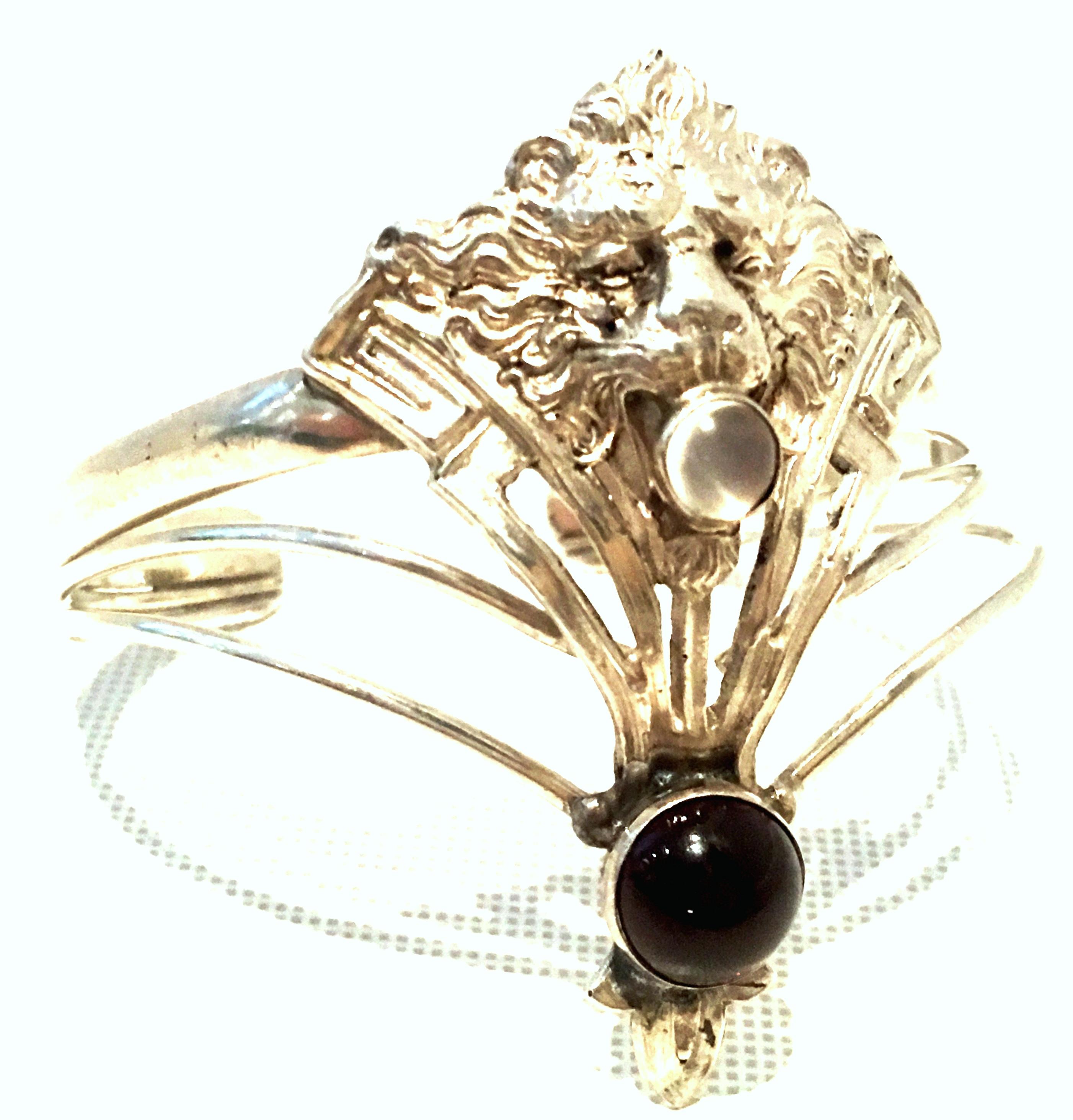 Cabochon 20th Century Art Nouveau Sterling Garnet & Moonstone Cuff Bracelet By, Giampaoli For Sale