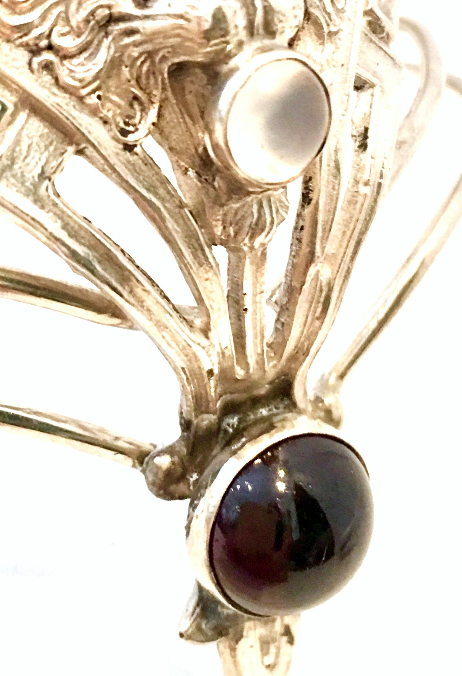 20th Century Art Nouveau Sterling Garnet & Moonstone Cuff Bracelet By, Giampaoli For Sale 1