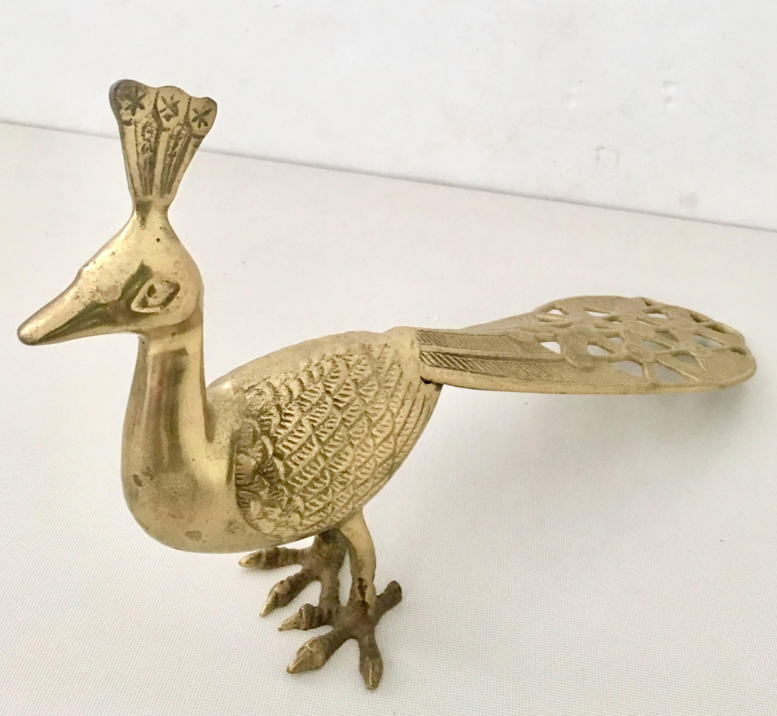 Asian 20th Century Art Nouveau Style Long Tail Solid Brass Peacock Sculpture