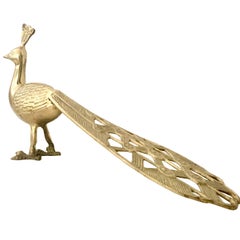 20th Century Art Nouveau Style Long Tail Solid Brass Peacock Sculpture