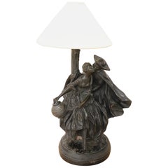 Lámpara de Sobremesa Art Nouveau Siglo XX con Escultura en Arcilla, Pareja Enamorada Años 20
