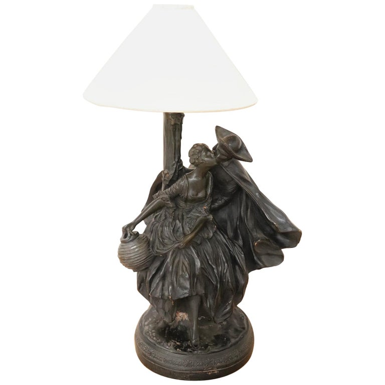 20th Century Art Nouveau Table Lamp with Sculpture in Clay, Couple in Love 1920s For Sale