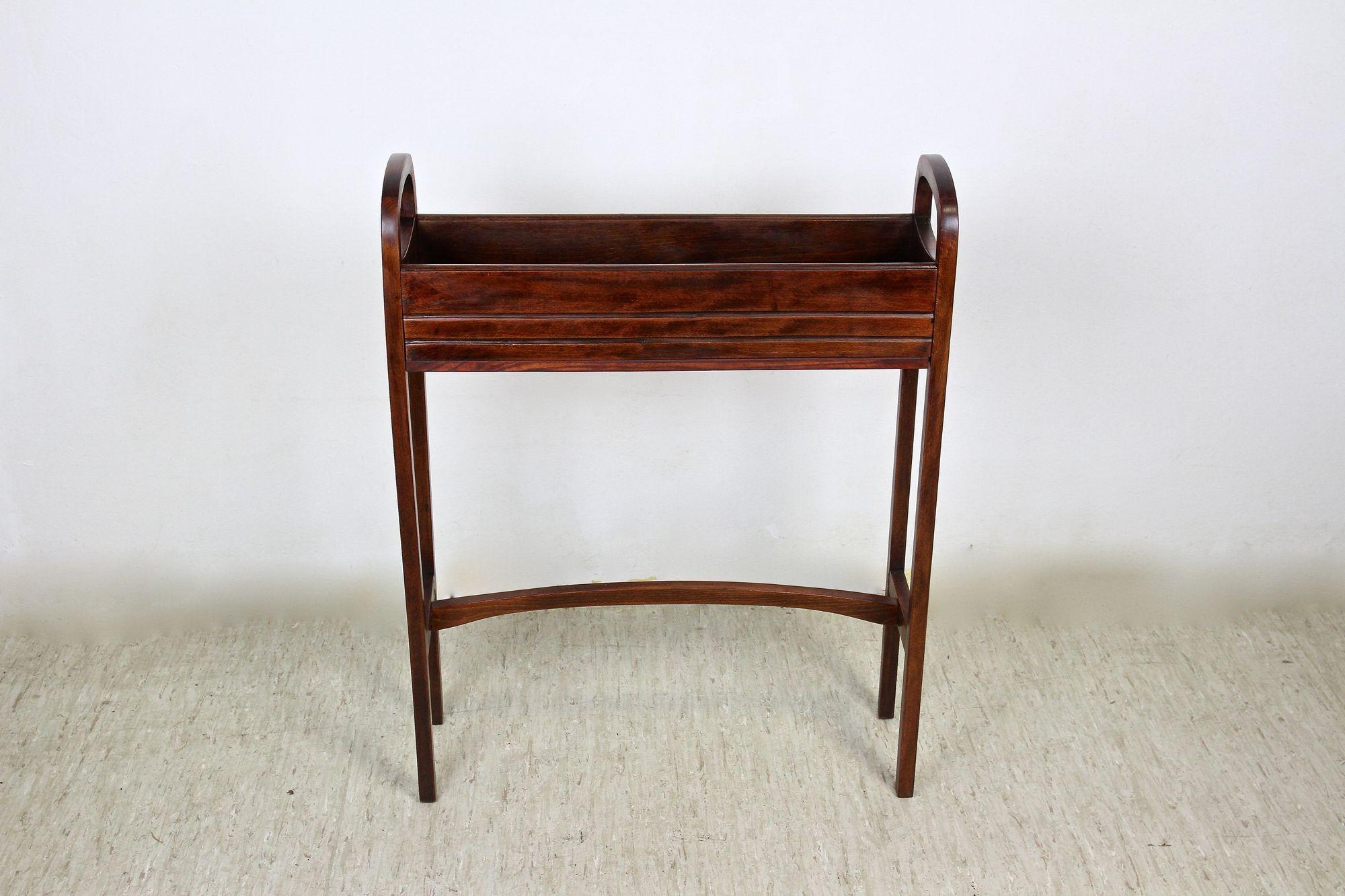 Schöner, zeitloser Bugholz-Pflanzenständer oder Blumenkübel von der berühmten Firma Thonet Wien. Ein einzigartiges Formstück aus dem renommierten Unternehmen in Österreich um 1915. Hervorragend gestaltet und verarbeitet aus nussbaumverziertem