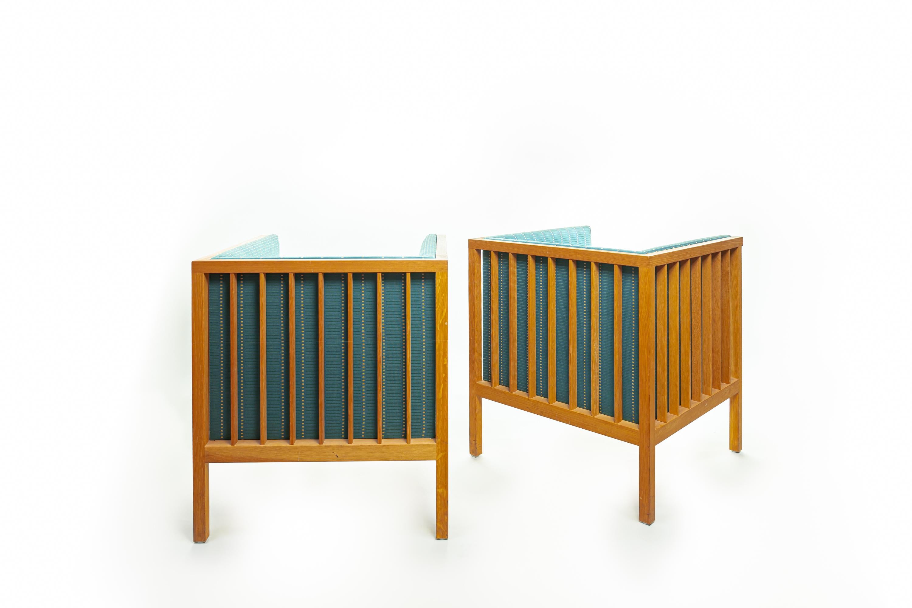 Åke Axelsson design chairs called Neptunus, solid oak frames, fabric is designed by Eliel Saarinen. Chairs has been manufactured 1980s