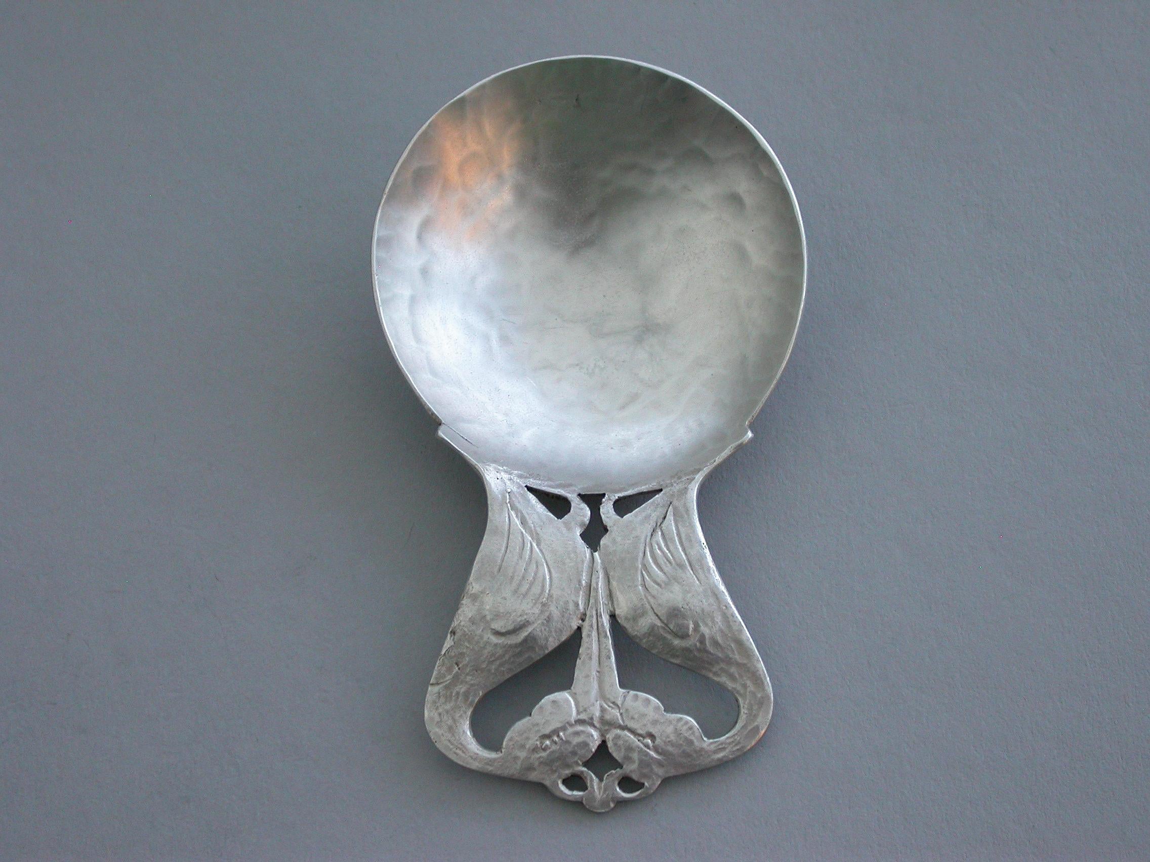 English 20th Century Arts & Crafts Hammered Silver Caddy Spoon, Two Storks, 1928 For Sale