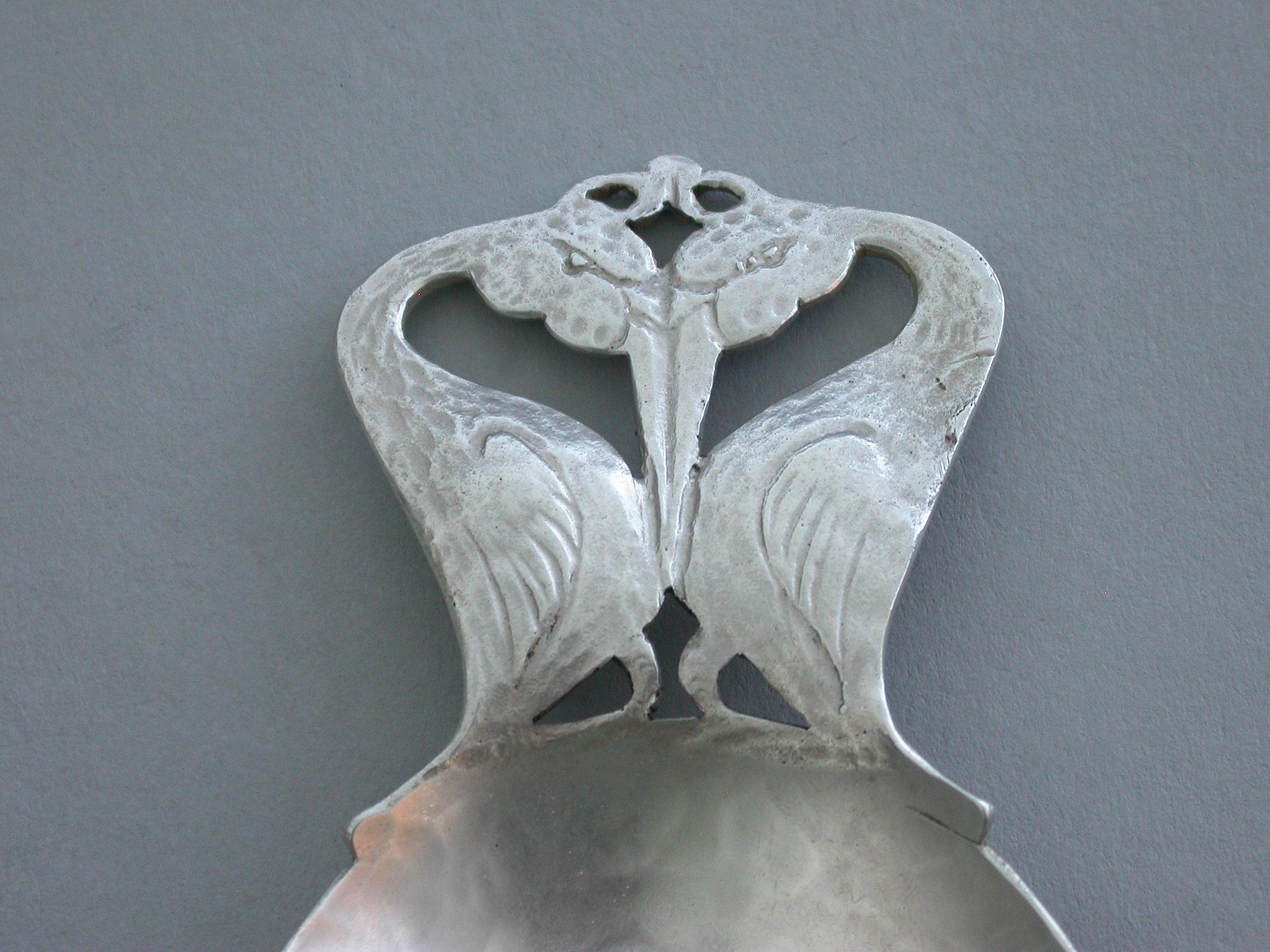 Early 20th Century 20th Century Arts & Crafts Hammered Silver Caddy Spoon, Two Storks, 1928 For Sale