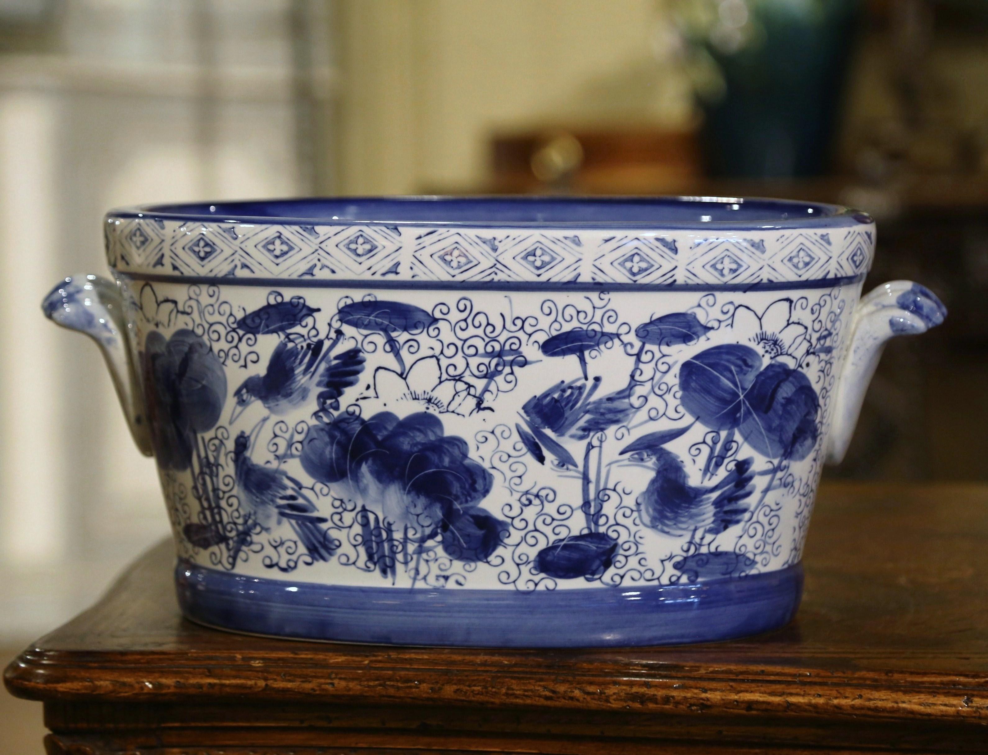 Hand-Painted 20th Century Asian Blue and White Painted Porcelain Foot Bath Bowl