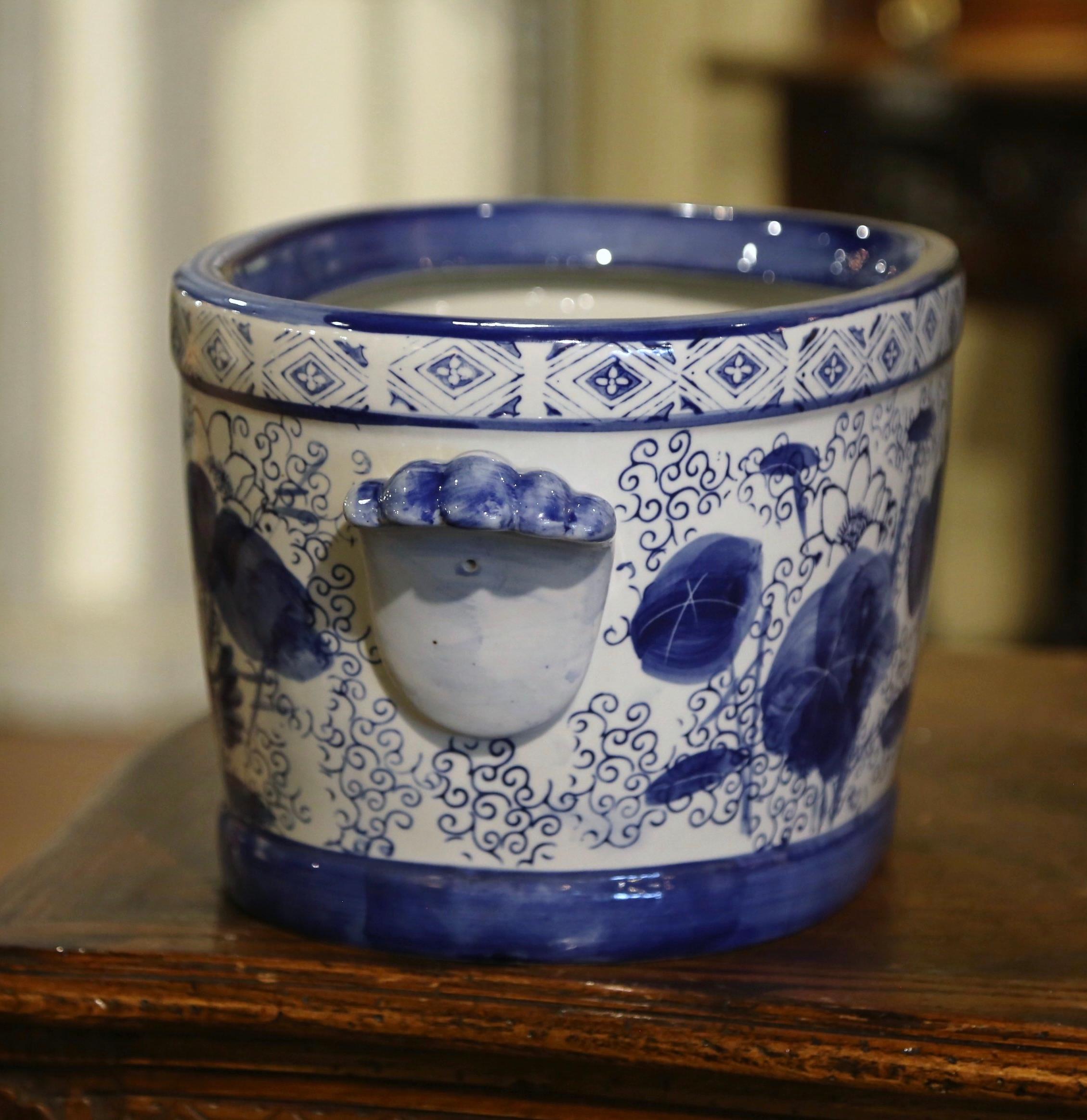 20th Century Asian Blue and White Painted Porcelain Foot Bath Bowl In Excellent Condition In Dallas, TX