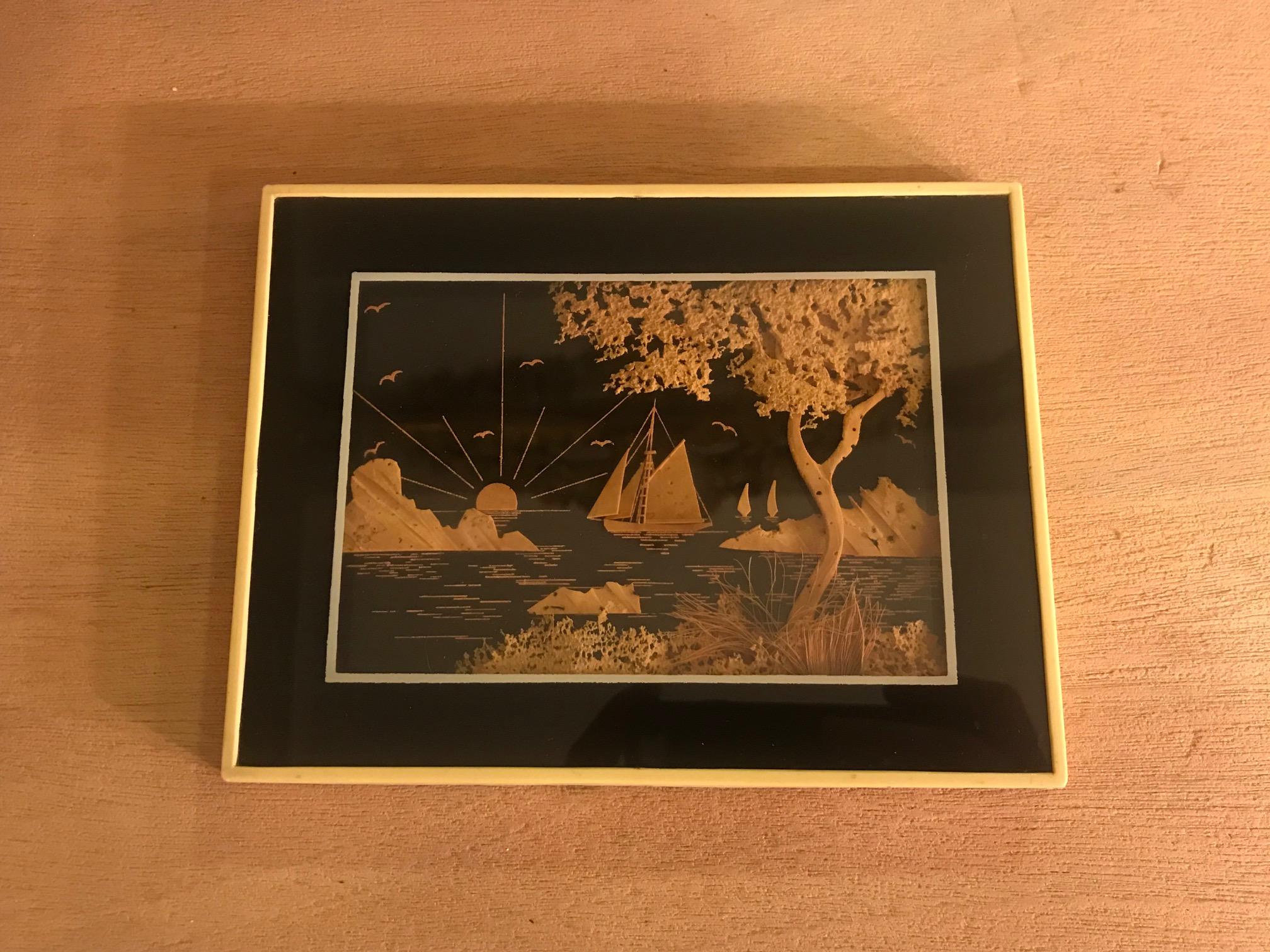 Original and rare 20th century Asian cork landscape made like a painting in a Frame from the 1950s. 
Delicate work of the cork.