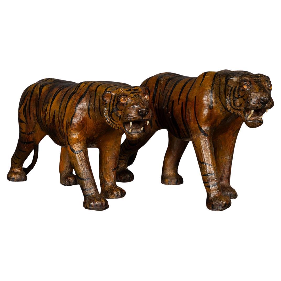 20th Century Asian Painted Leather Pair Of Tigers, c.1920