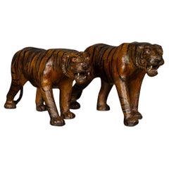 Used 20th Century Asian Painted Leather Pair Of Tigers, c.1920