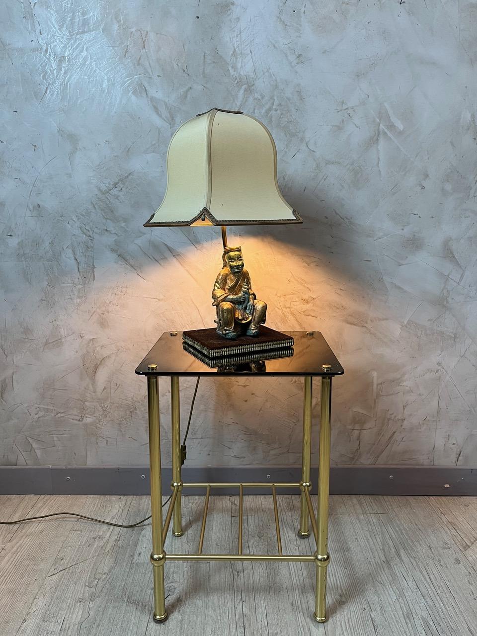 20th century Asian Style Brass and Fabric Table Lamp, 1970s For Sale 5