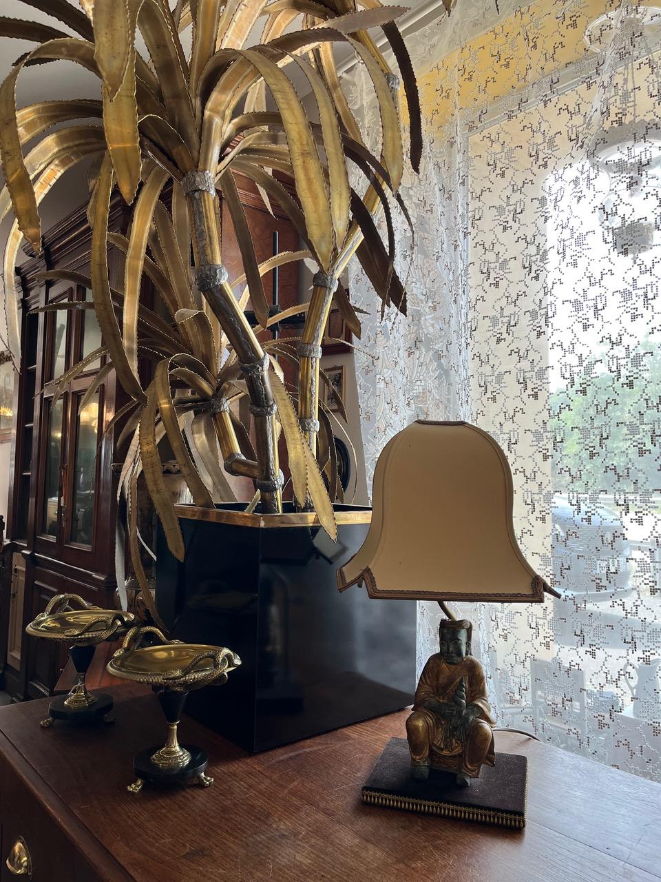 20th century Asian Style Brass and Fabric Table Lamp, 1970s For Sale 6