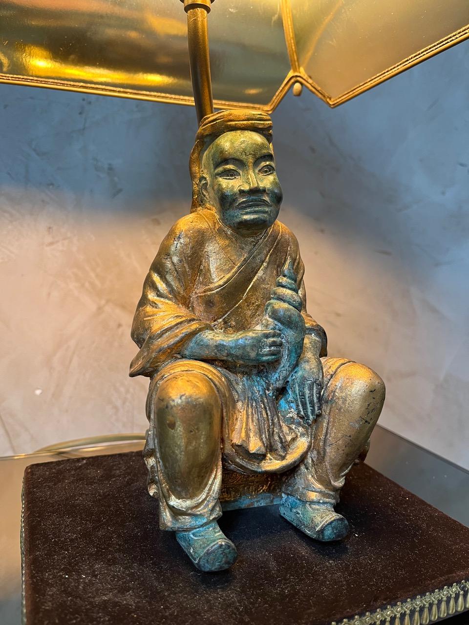 French 20th century Asian Style Brass and Fabric Table Lamp, 1970s For Sale