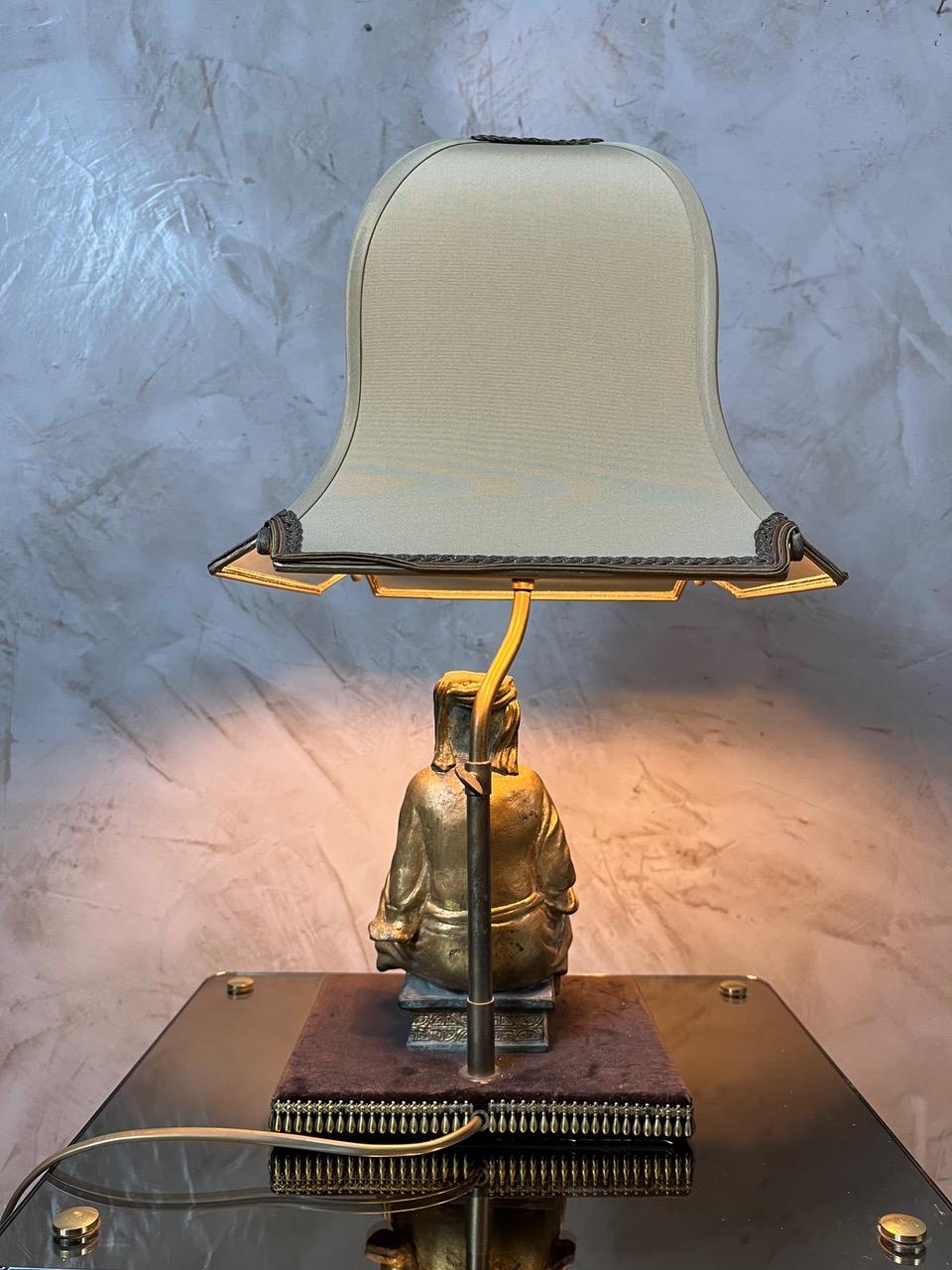 20th century Asian Style Brass and Fabric Table Lamp, 1970s In Good Condition For Sale In LEGNY, FR