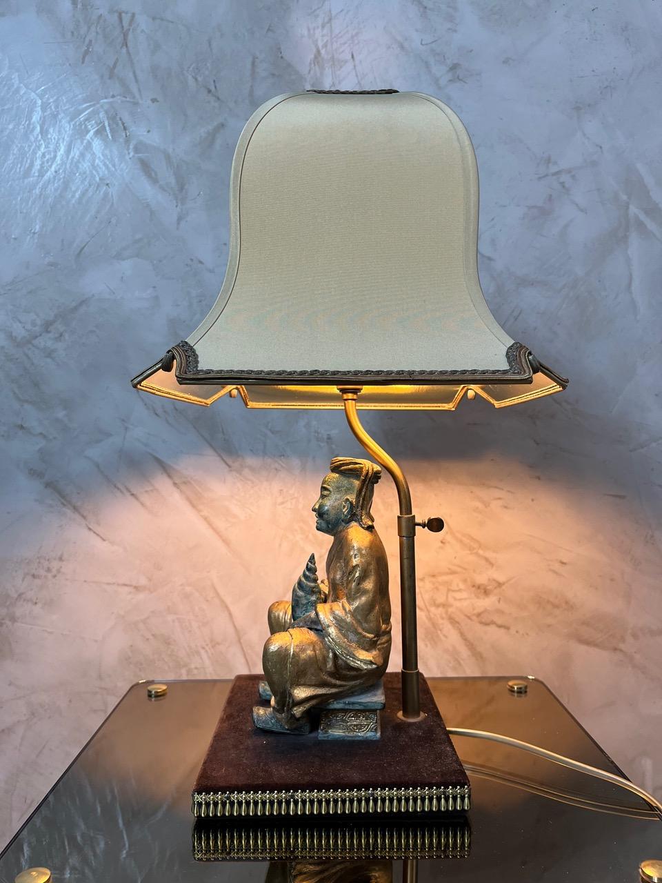 Late 20th Century 20th century Asian Style Brass and Fabric Table Lamp, 1970s For Sale