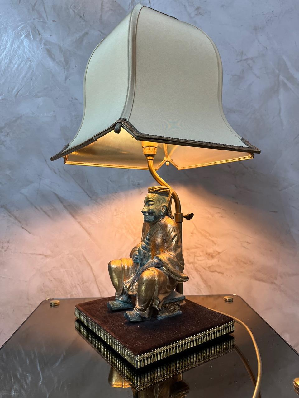 20th century Asian Style Brass and Fabric Table Lamp, 1970s For Sale 1