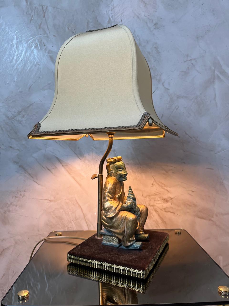20th century Asian Style Brass and Fabric Table Lamp, 1970s For Sale 2
