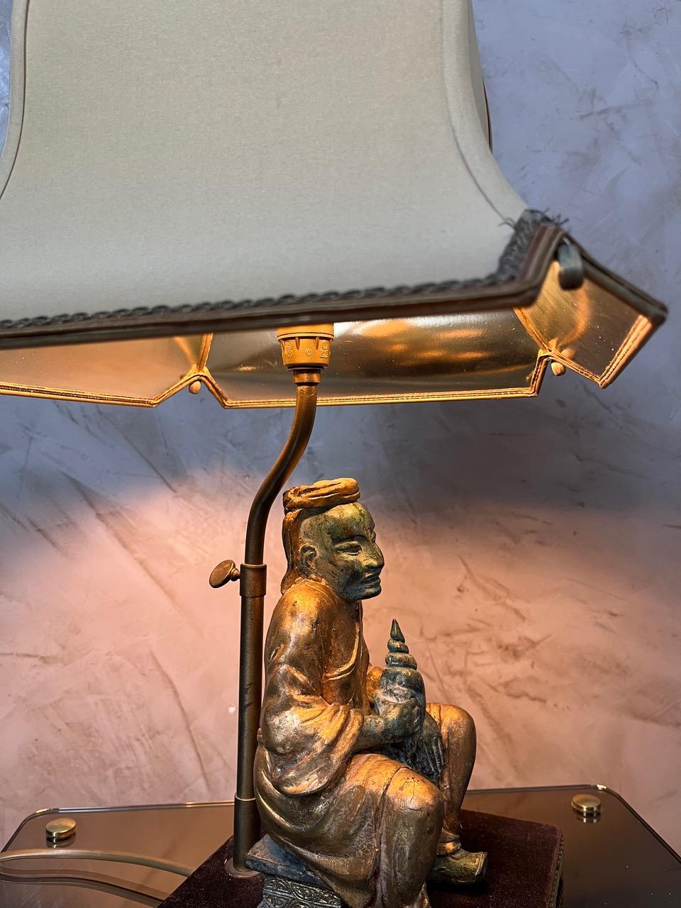 20th century Asian Style Brass and Fabric Table Lamp, 1970s For Sale 3