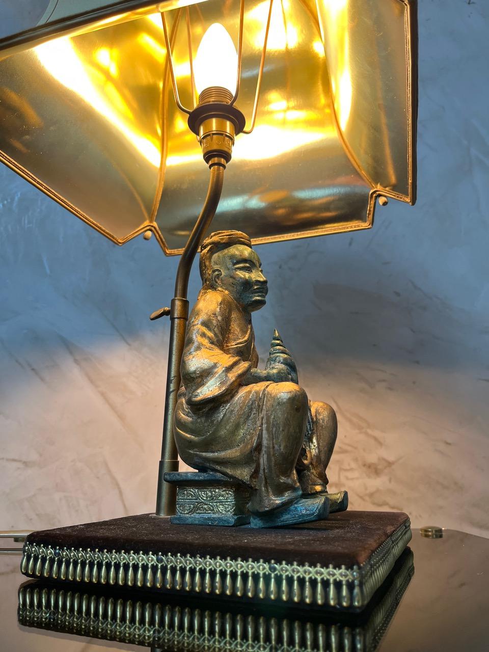20th century Asian Style Brass and Fabric Table Lamp, 1970s For Sale 4