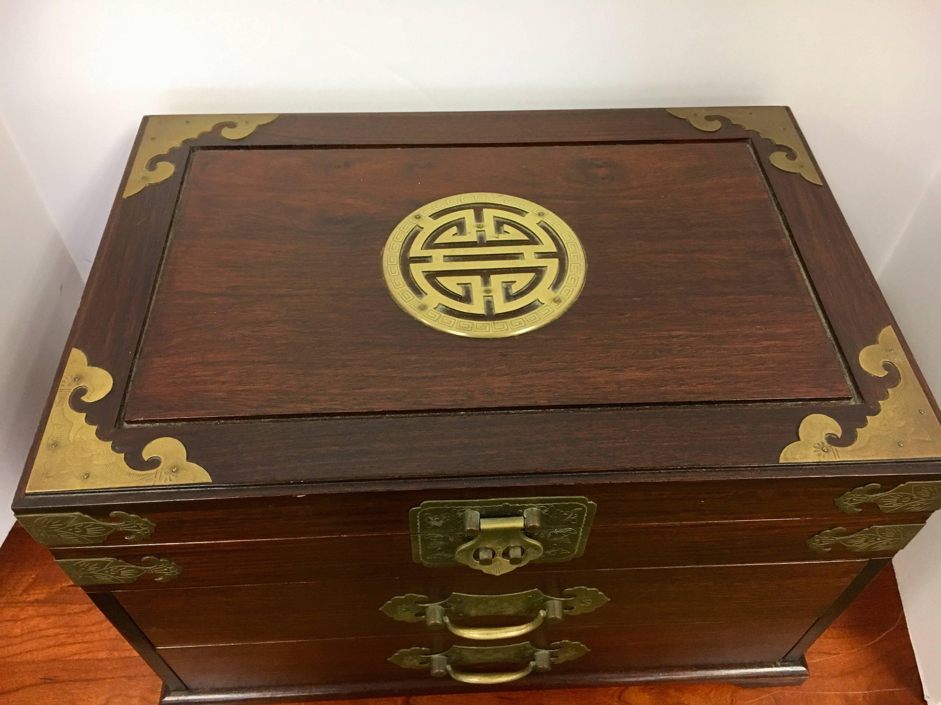 Chinese 20th Century Asian Wood and Iron Mounted Hardwood Jewelry Box Casket Case