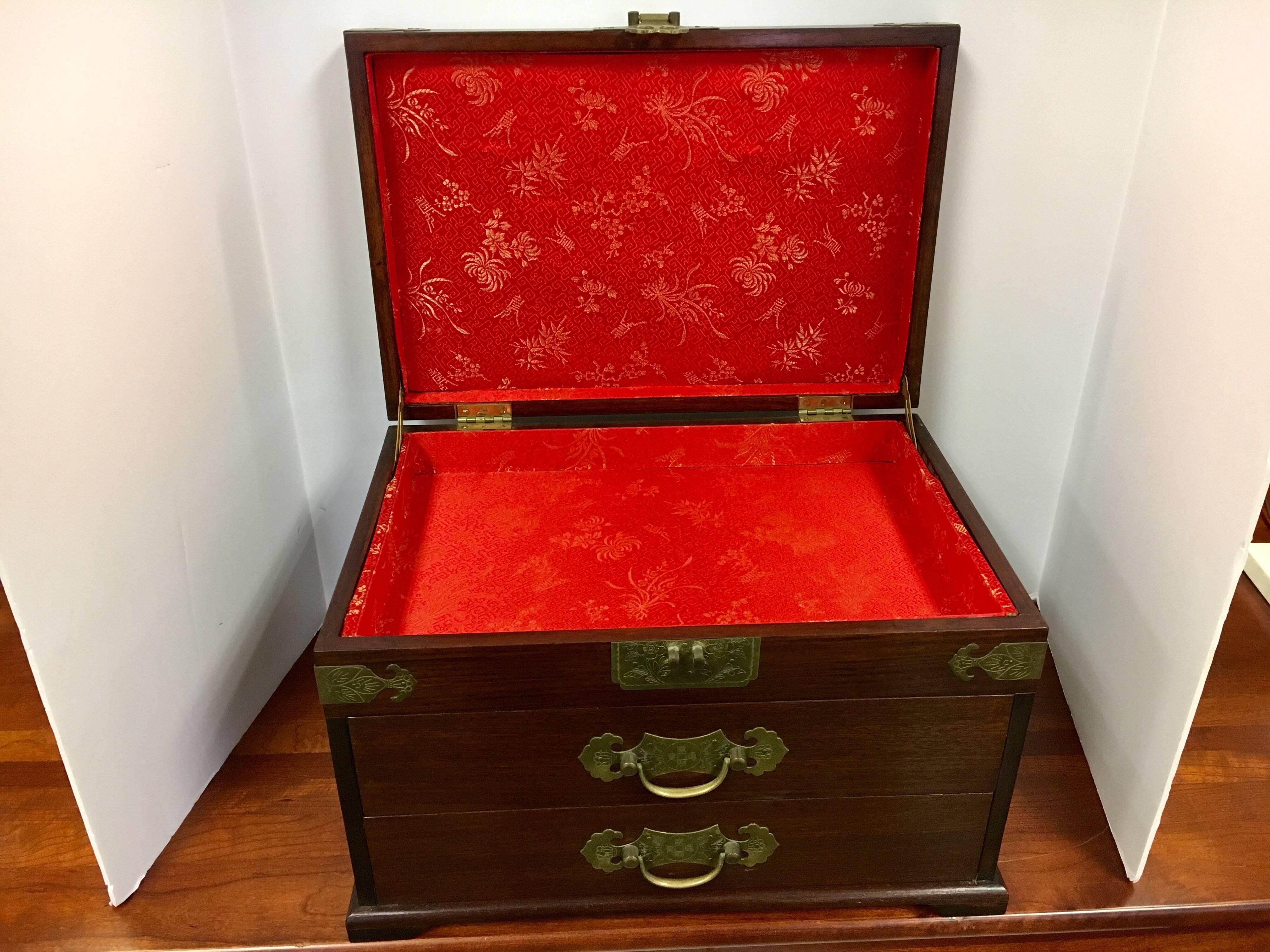 Silk 20th Century Asian Wood and Iron Mounted Hardwood Jewelry Box Casket Case