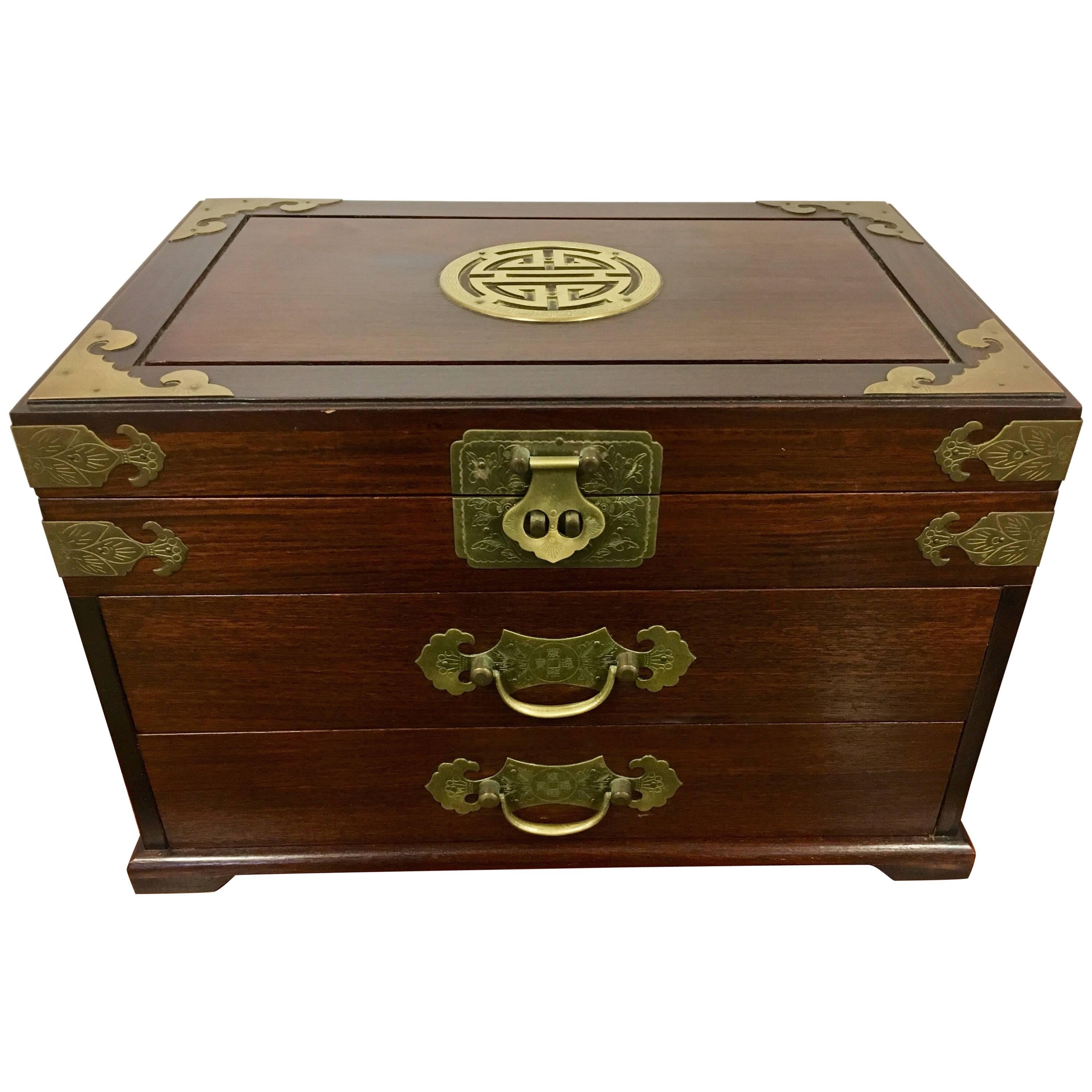 20th Century Asian Wood and Iron Mounted Hardwood Jewelry Box Casket Case